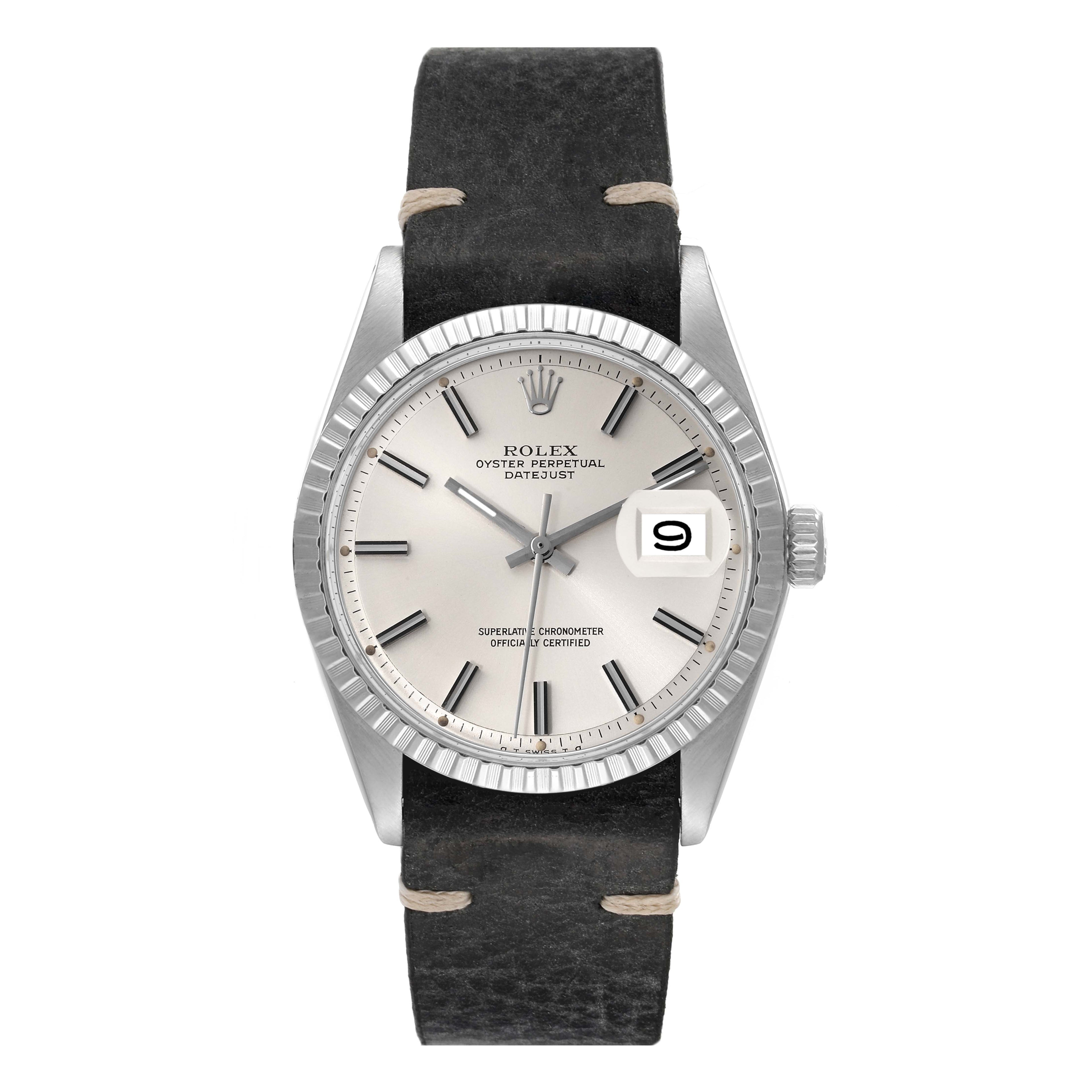 Rolex Datejust Silver Sigma Dial Grey Leather Strap Vintage Mens Watch 1603