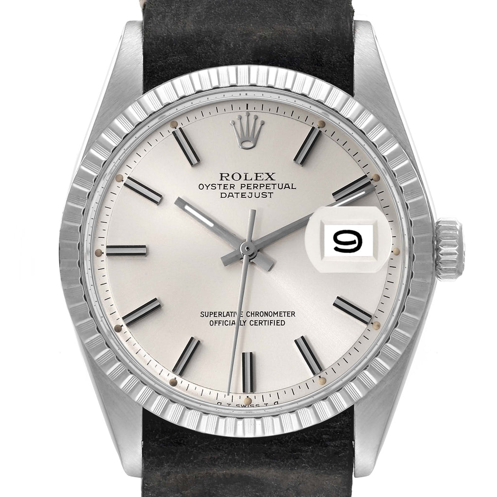 Rolex Datejust Silver Sigma Dial Grey Leather Strap Vintage Mens Watch 1603