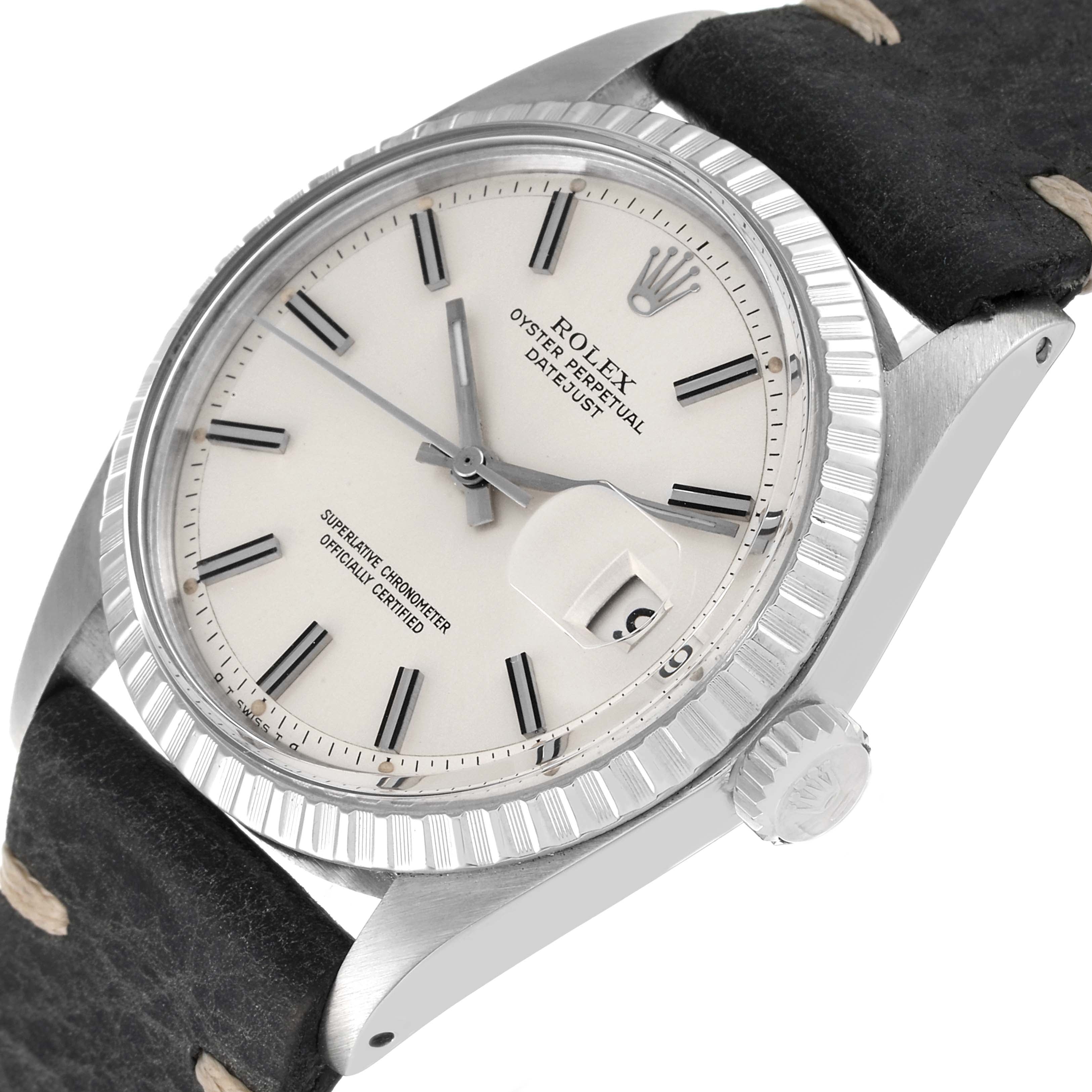 Rolex Datejust Silver Sigma Dial Grey Leather Strap Vintage Mens Watch 1603