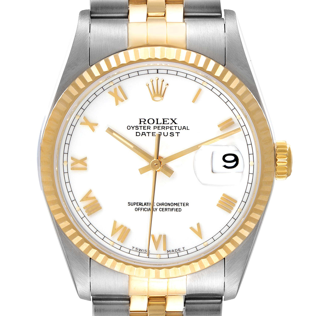 Rolex Datejust White Dial Steel Yellow Gold Mens Watch 16233 Box