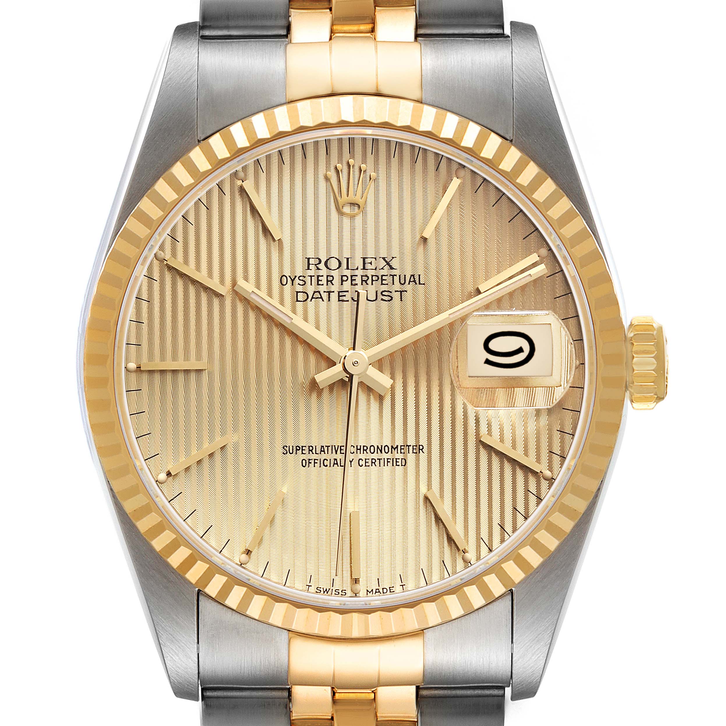 Rolex Datejust Steel Yellow Tapestry Dial Gold Mens Watch 16233
