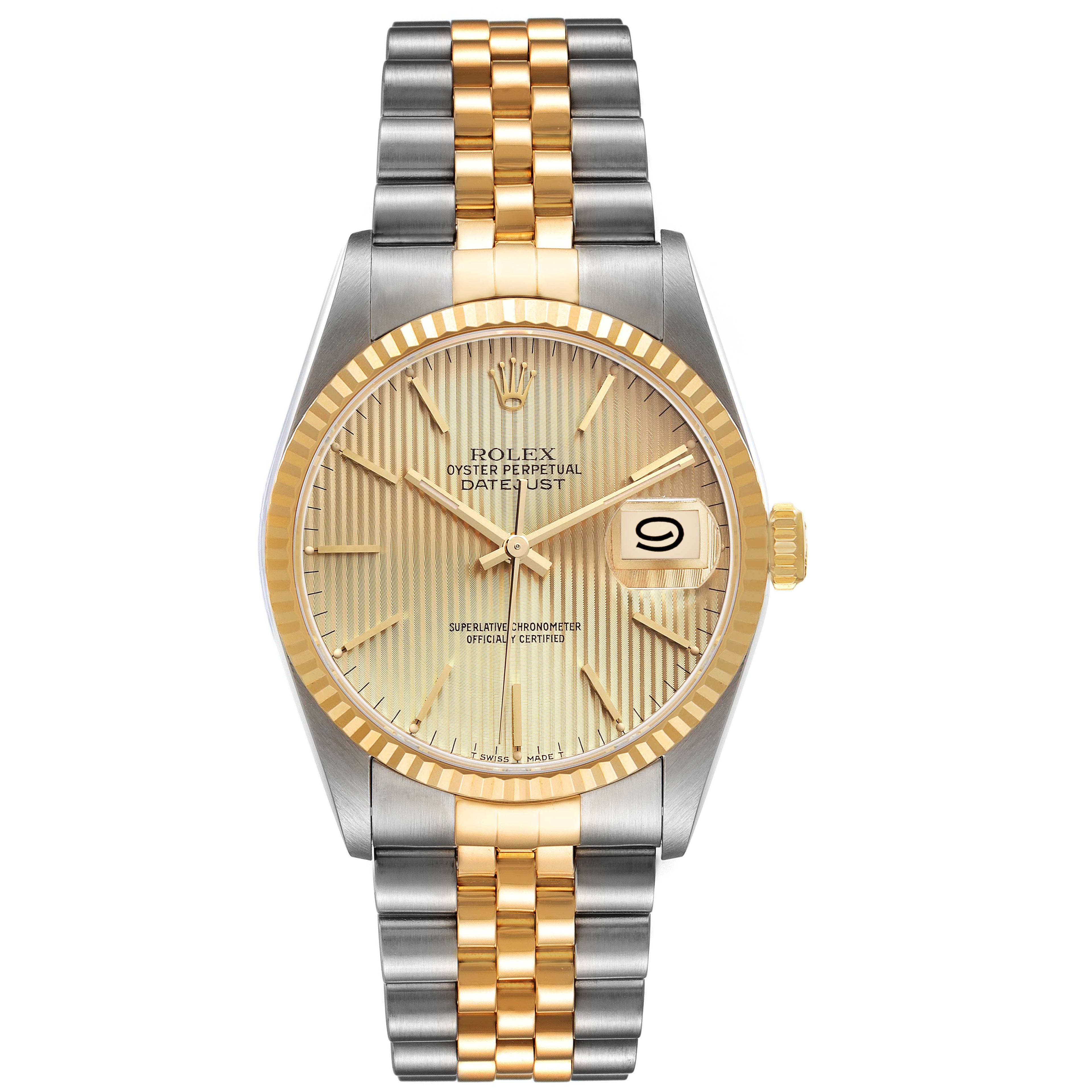 Rolex Datejust Steel Yellow Tapestry Dial Gold Mens Watch 16233