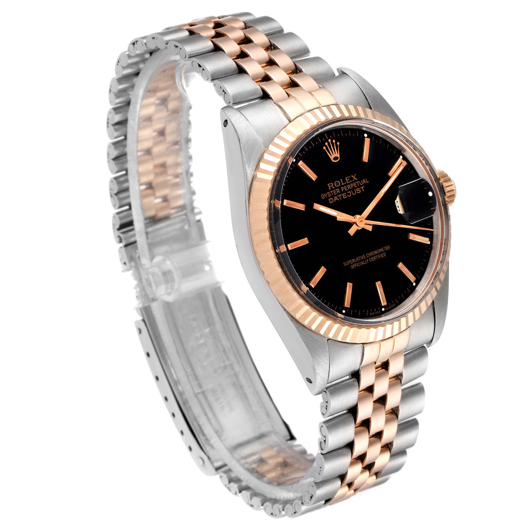 Rolex Datejust Steel Rose Gold Black Dial Vintage Mens Watch 1601