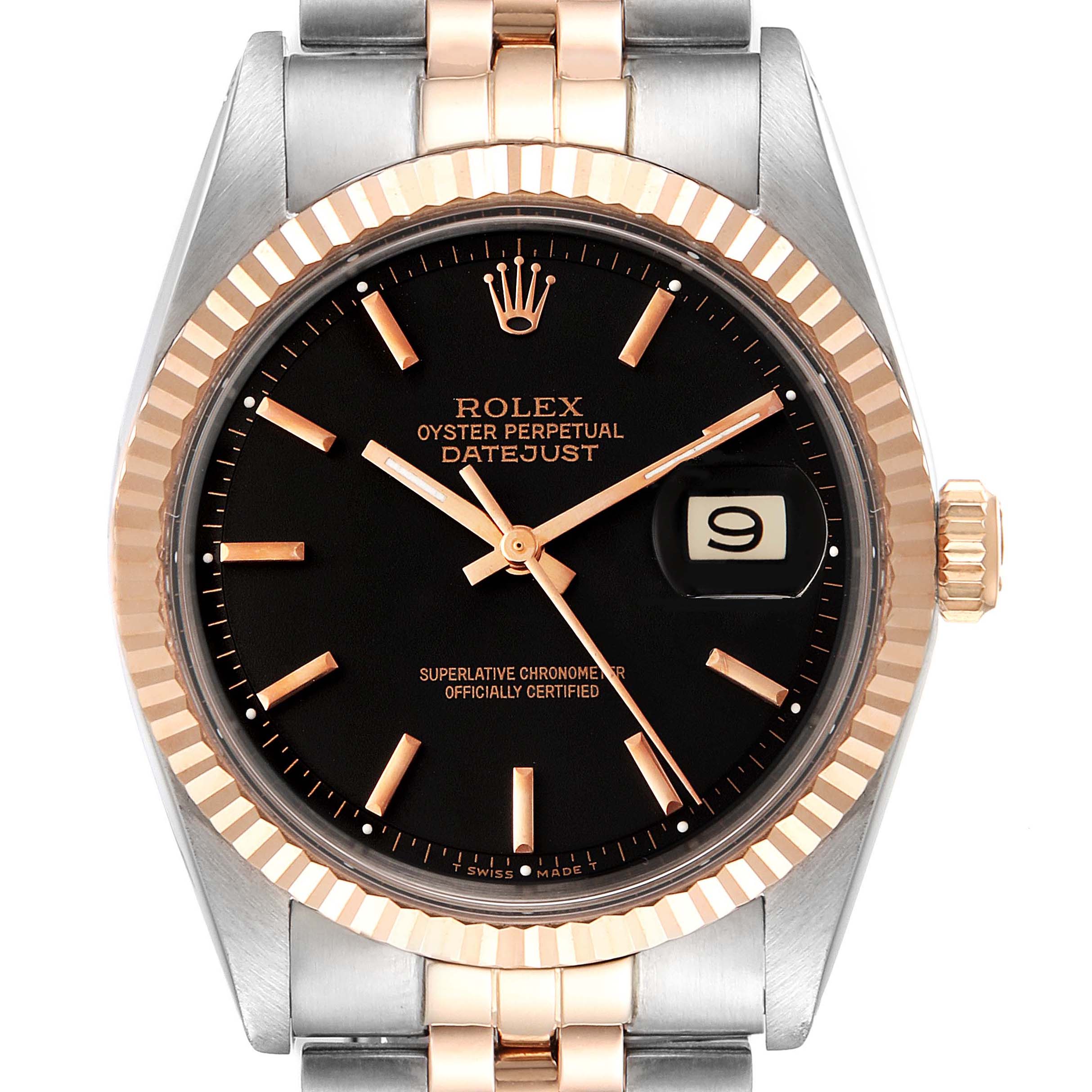 Rolex Datejust Steel Rose Gold Black Dial Vintage Mens Watch 1601