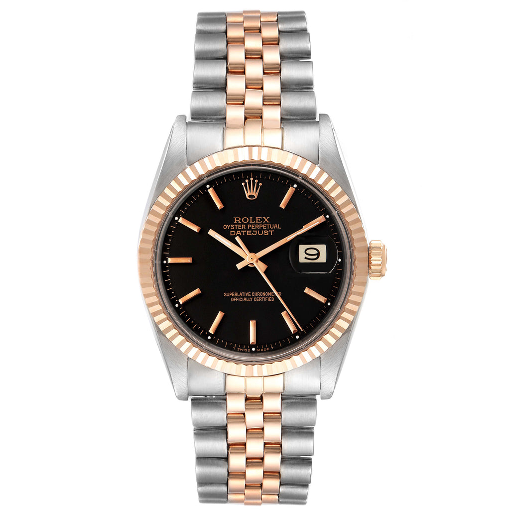 Rolex Datejust Steel Rose Gold Black Dial Vintage Mens Watch 1601