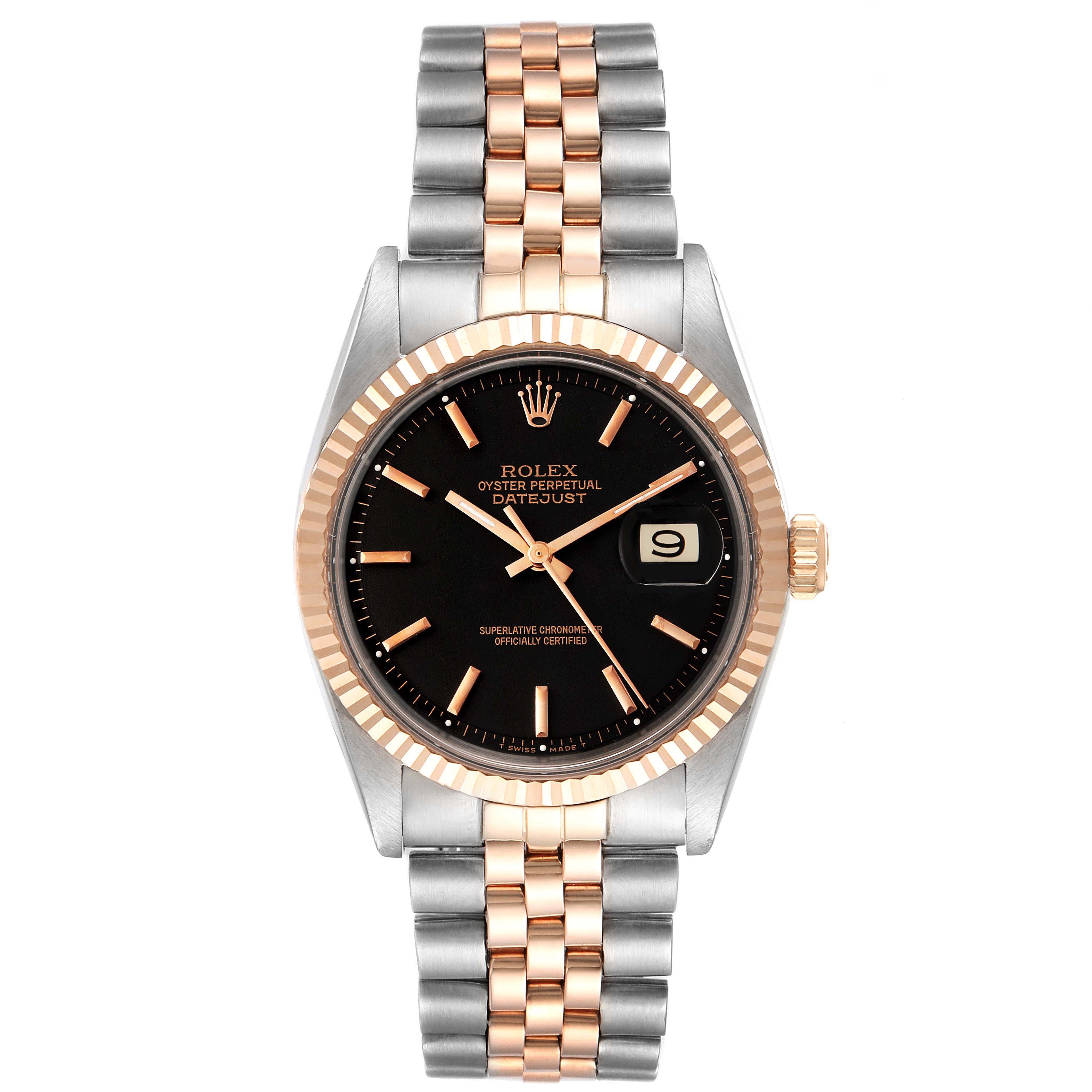 Rolex Datejust Steel Rose Gold Black Dial Vintage Mens Watch 1601