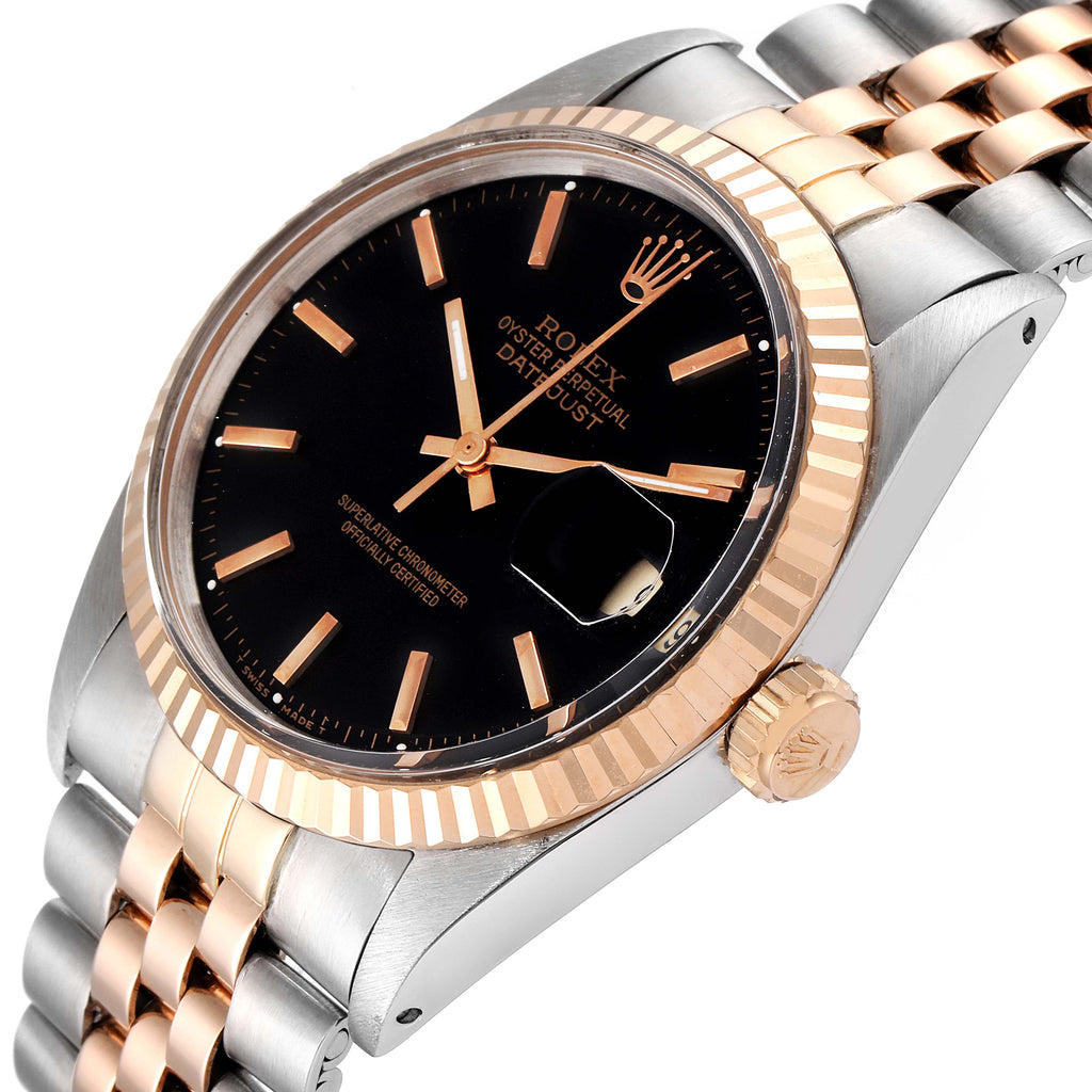 Rolex Datejust Steel Rose Gold Black Dial Vintage Mens Watch 1601