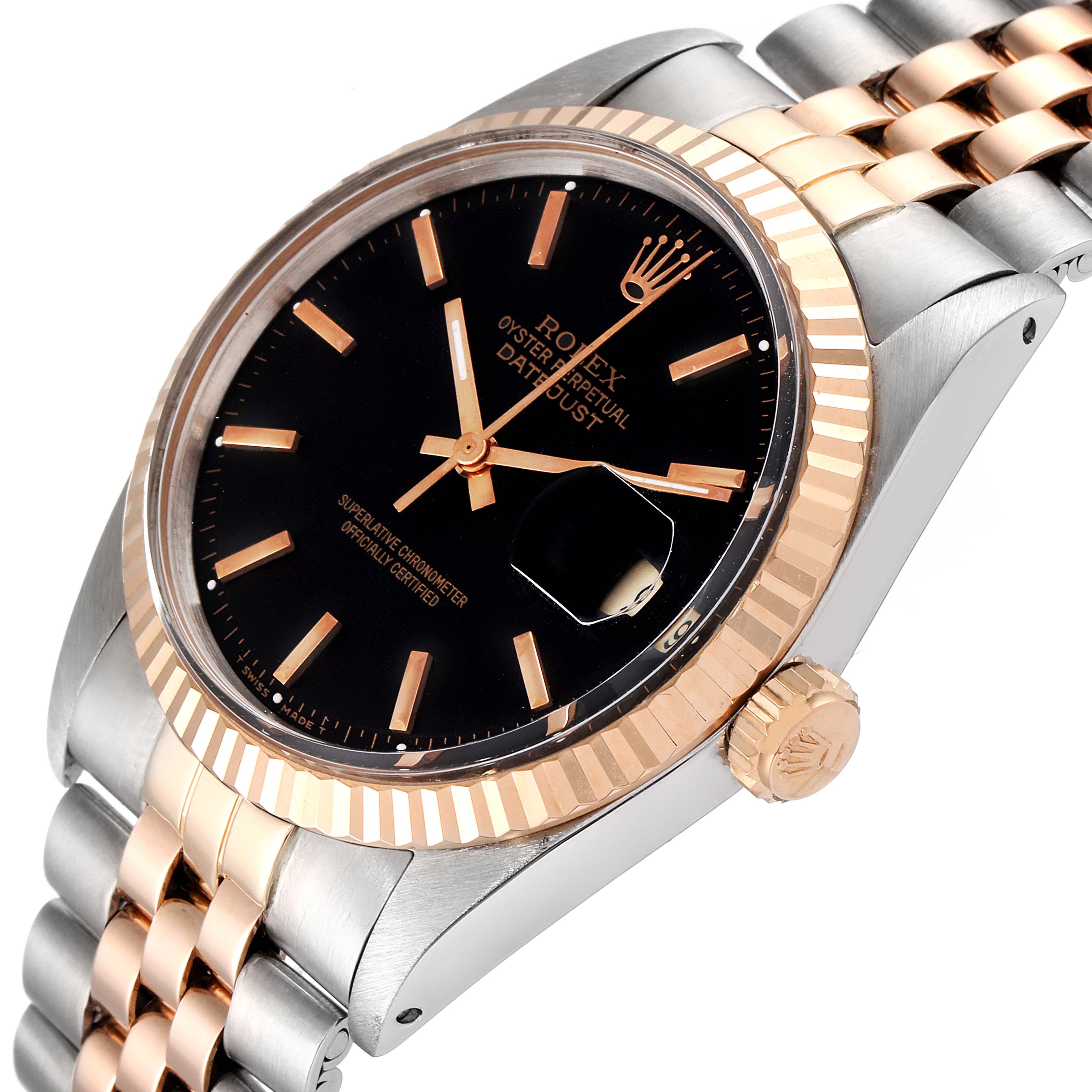 Rolex Datejust Steel Rose Gold Black Dial Vintage Mens Watch 1601