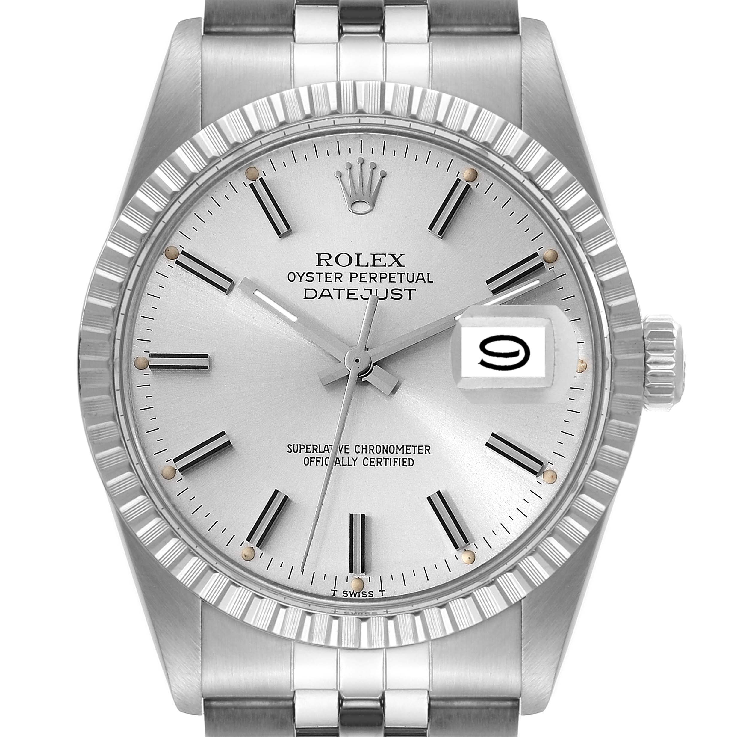 Rolex Datejust Steel Silver Dial Engine Turned Bezel Vintage Mens Watch 16030