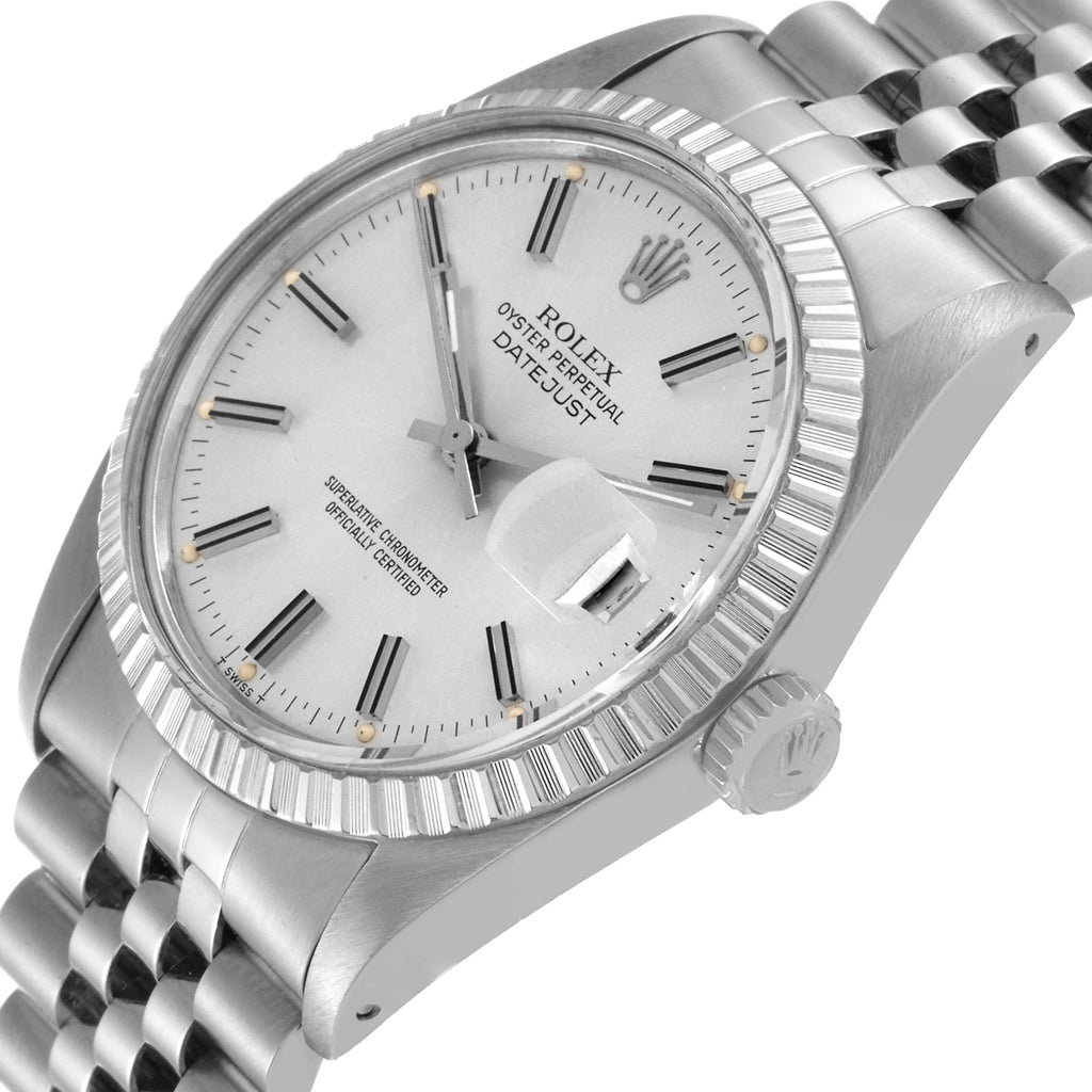 Rolex Datejust Steel Silver Dial Engine Turned Bezel Vintage Mens Watch 16030