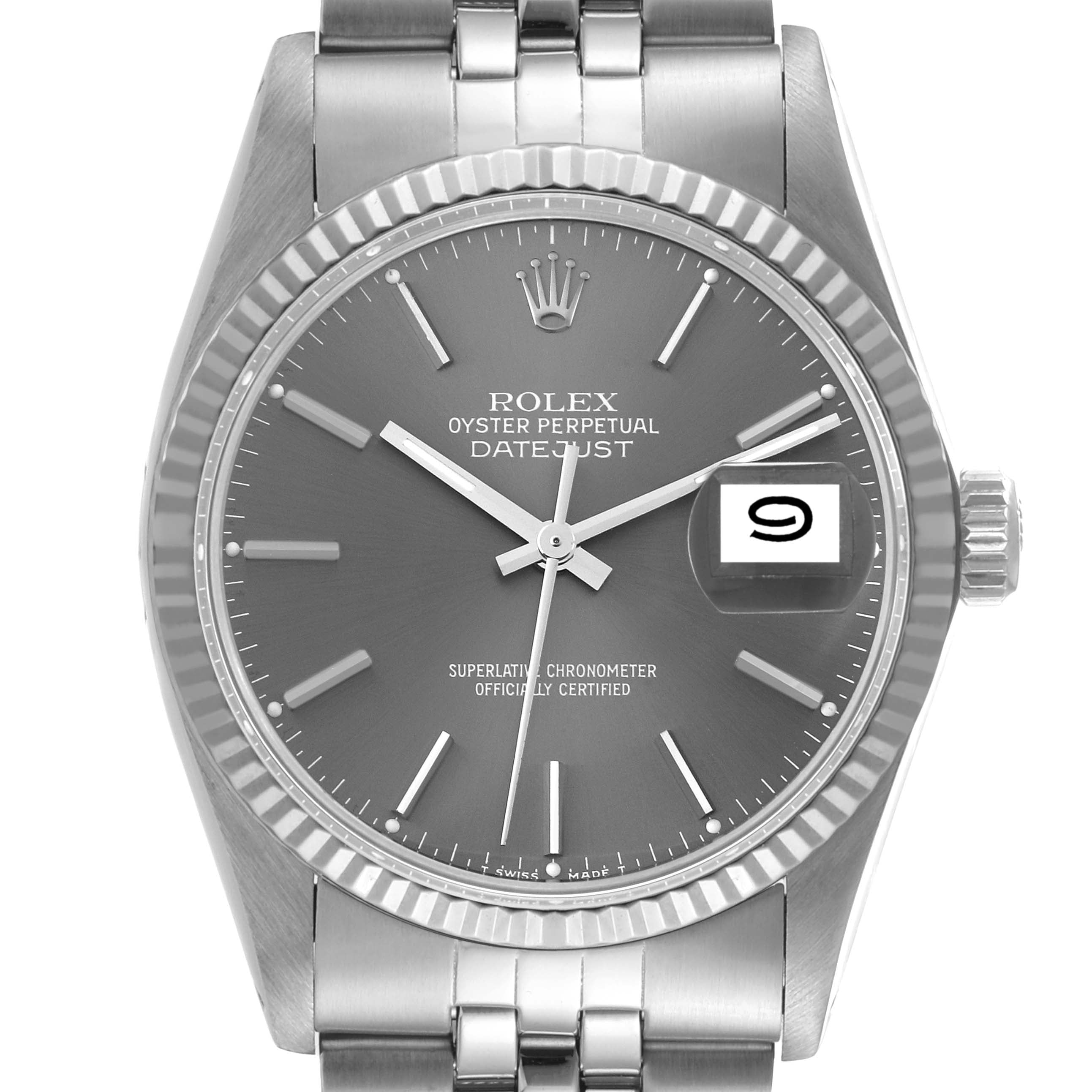 Rolex Datejust Steel White Gold Gray Dial Vintage Watch 16014