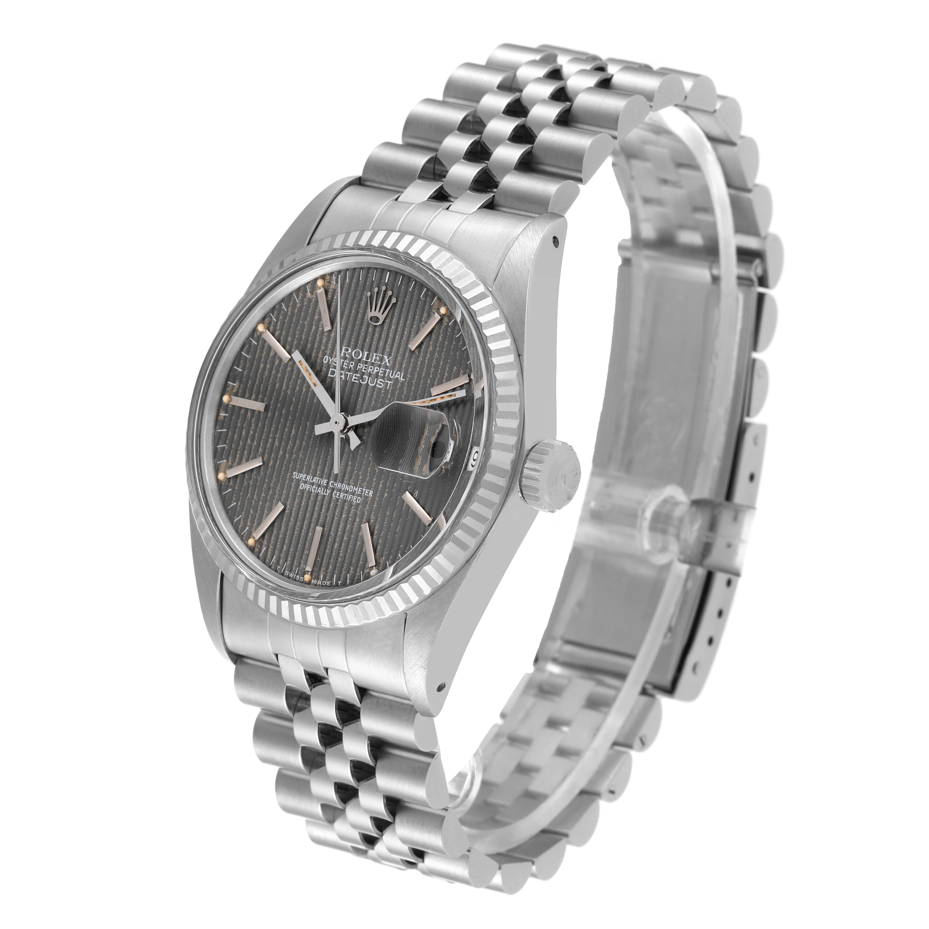 Rolex Datejust Steel White Gold Grey Tapestry Dial Vintage Mens Watch 16014 Box Papers