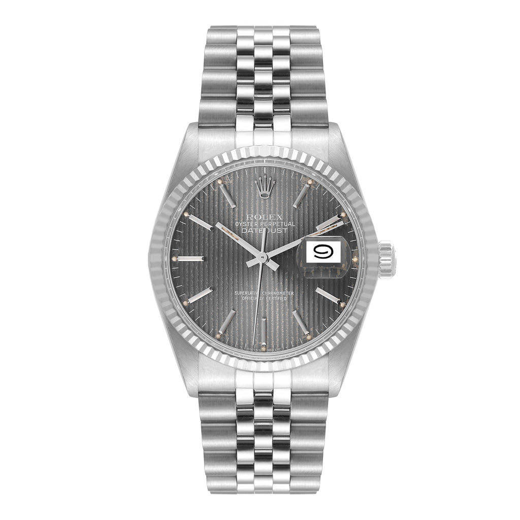 Rolex Datejust Steel White Gold Grey Tapestry Dial Vintage Mens Watch 16014 Box Papers