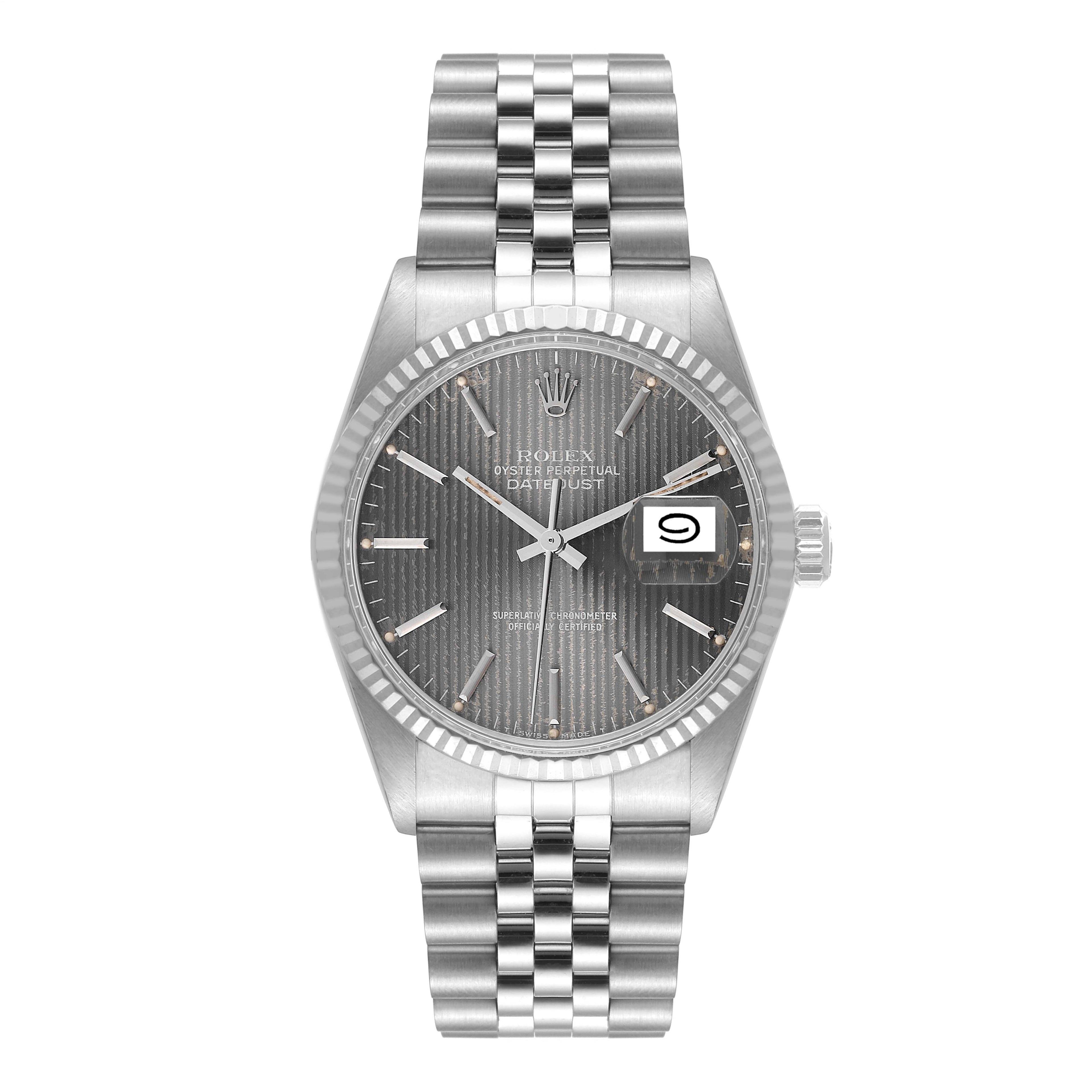 Rolex Datejust Steel White Gold Grey Tapestry Dial Vintage Mens Watch 16014 Box Papers