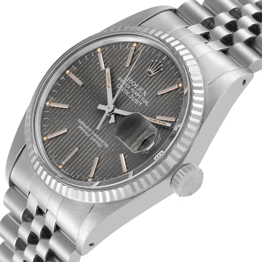 Rolex Datejust Steel White Gold Grey Tapestry Dial Vintage Mens Watch 16014 Box Papers