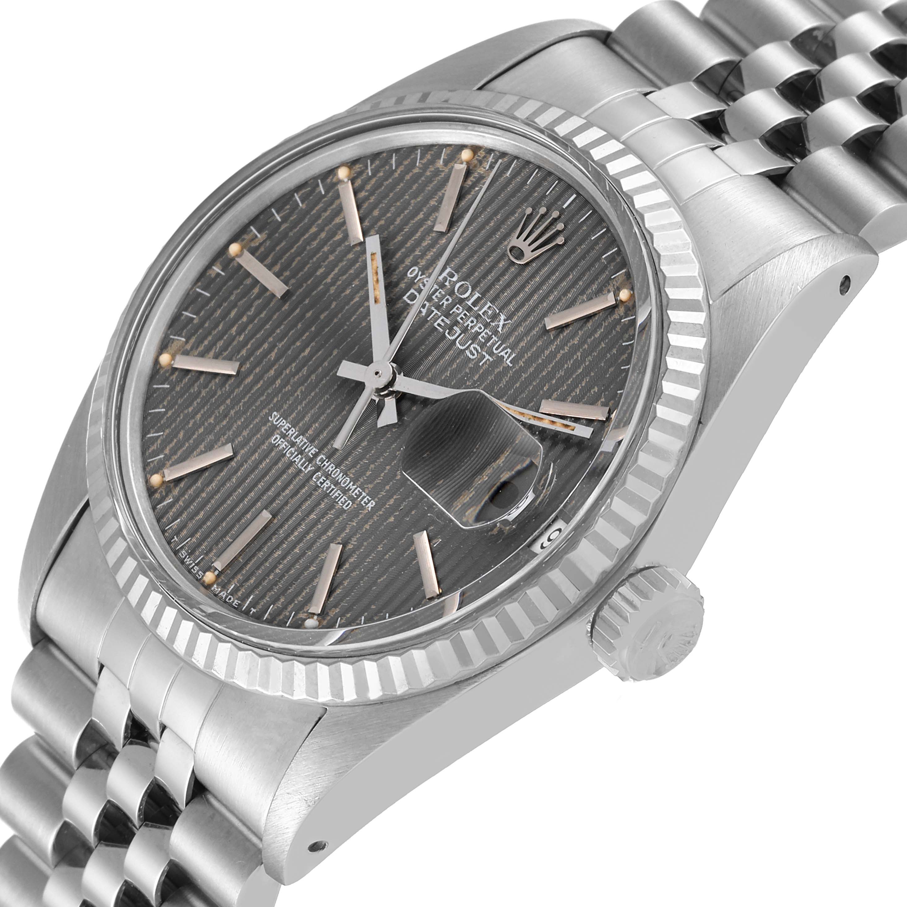 Rolex Datejust Steel White Gold Grey Tapestry Dial Vintage Mens Watch 16014 Box Papers