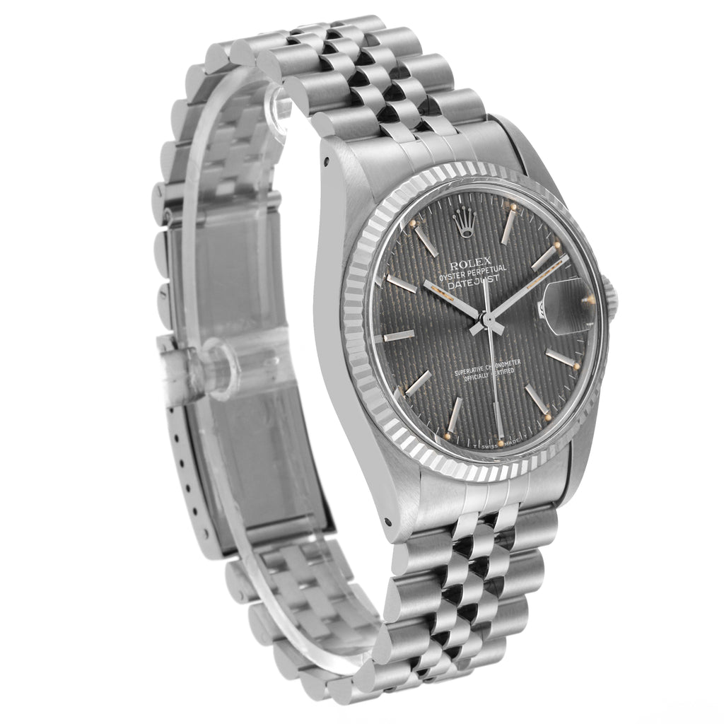 Rolex Datejust Steel White Gold Grey Tapestry Dial Vintage Mens Watch 16014 Box Papers