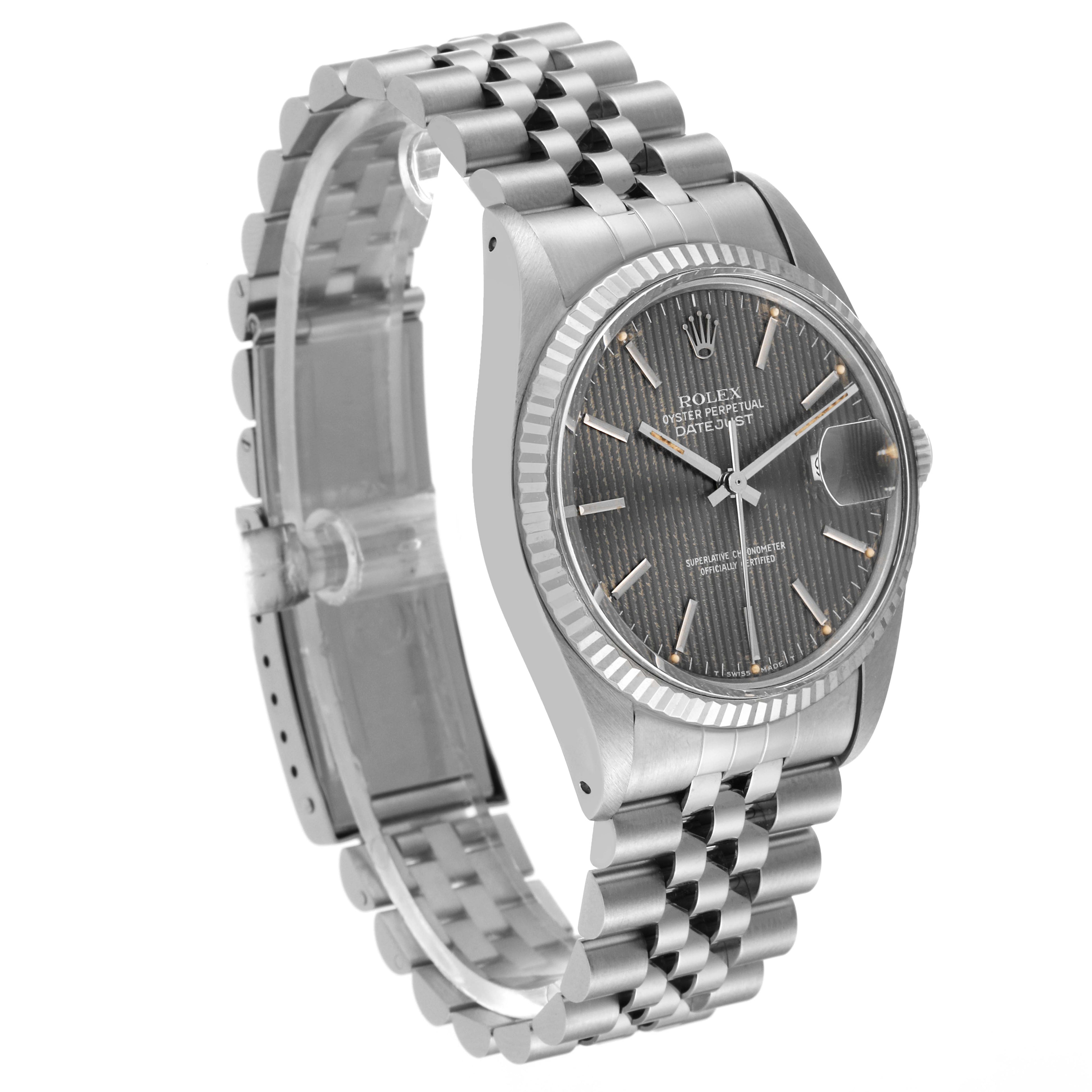 Rolex Datejust Steel White Gold Grey Tapestry Dial Vintage Mens Watch 16014 Box Papers
