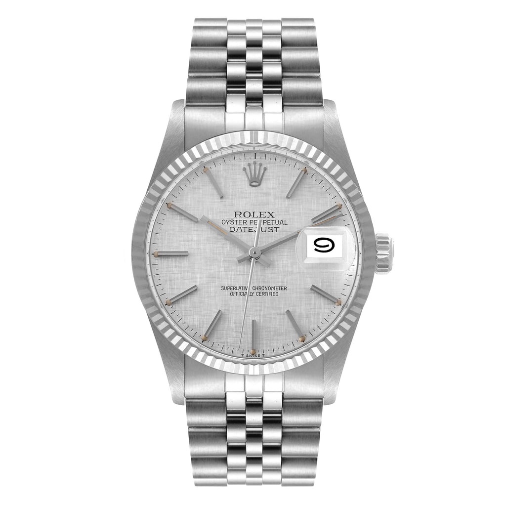 Rolex Datejust Steel White Gold Silver Linen Dial Vintage Watch 16014 + 2 Extra links