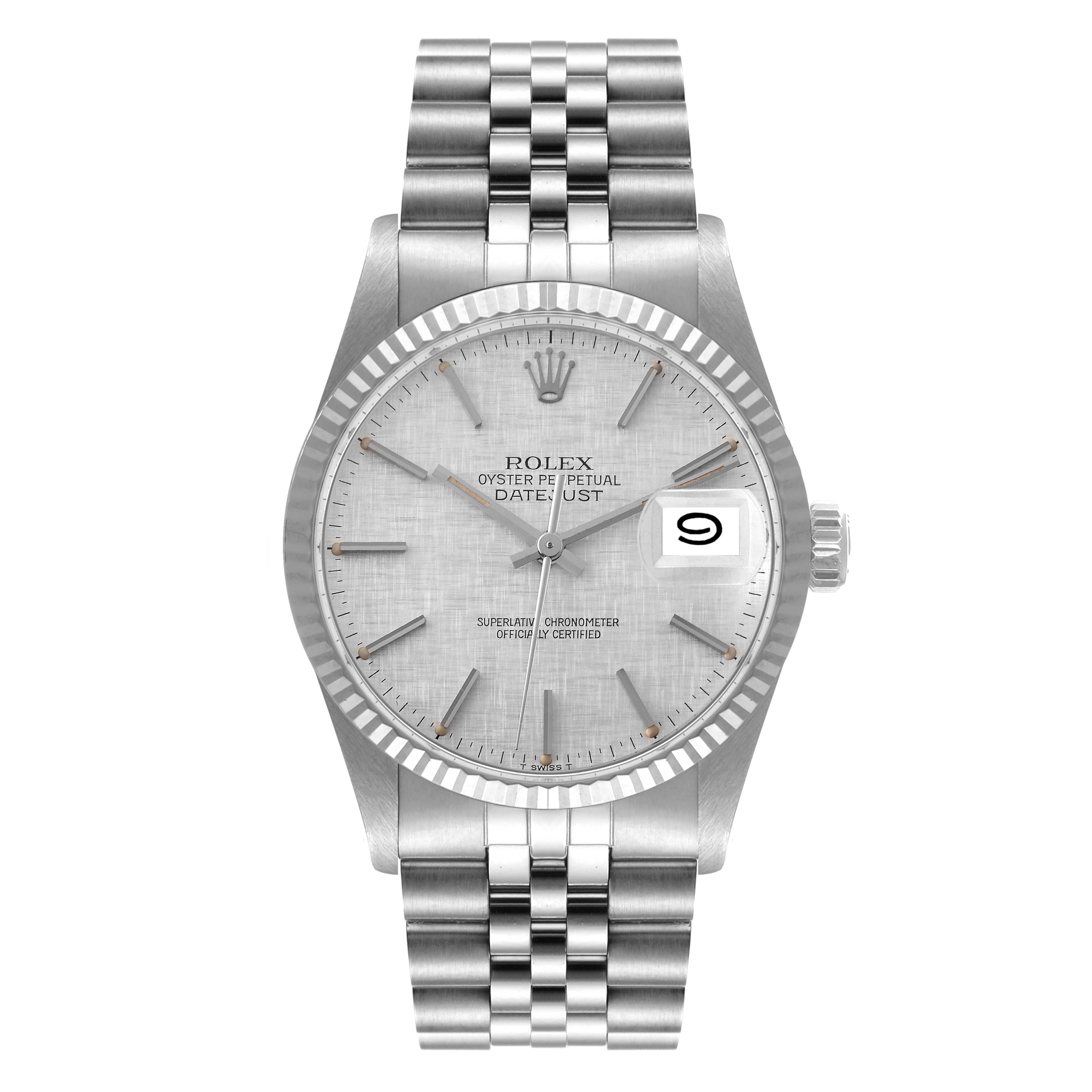 Rolex Datejust Steel White Gold Silver Linen Dial Vintage Watch 16014 + 2 Extra links