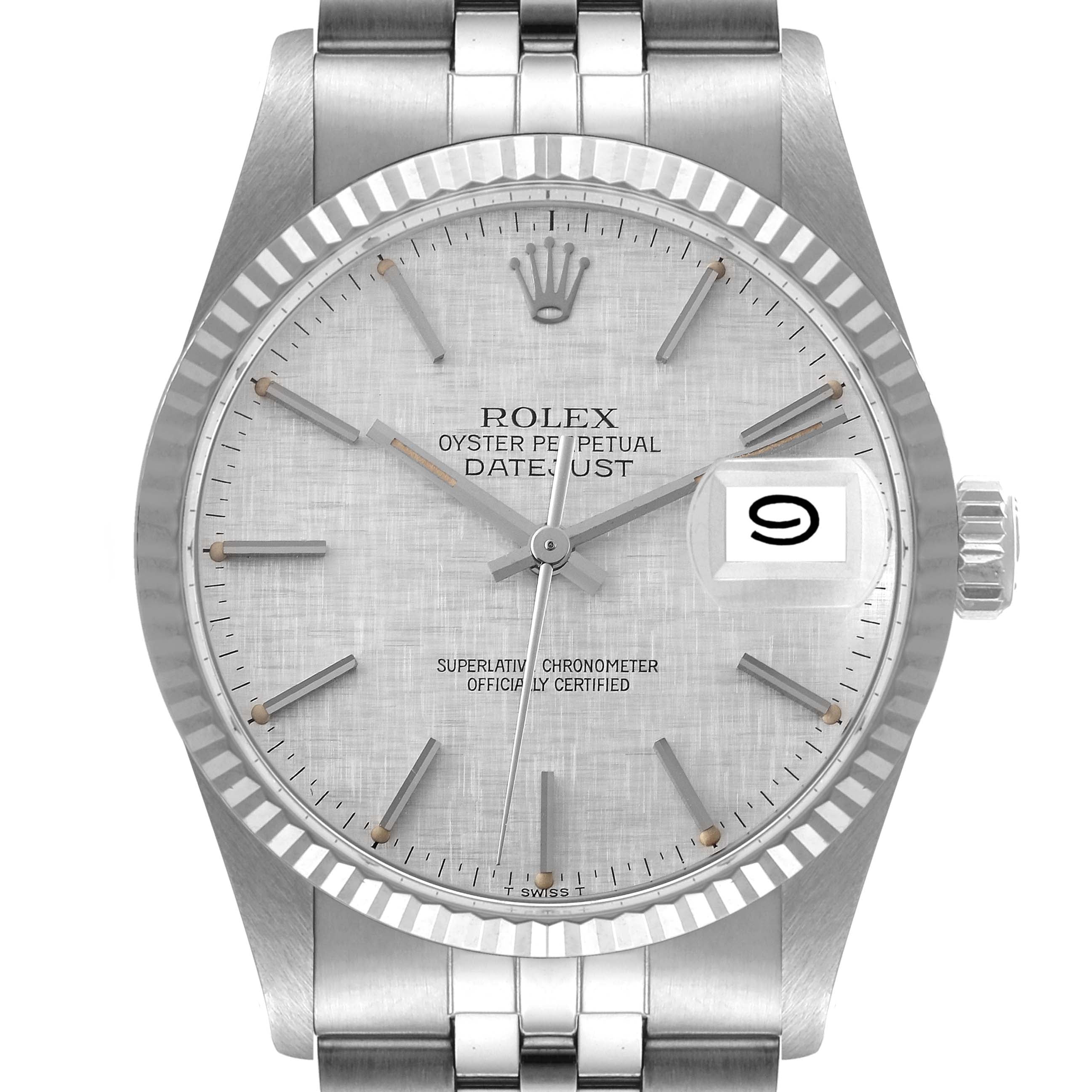 Rolex Datejust Steel White Gold Silver Linen Dial Vintage Watch 16014 + 2 Extra links