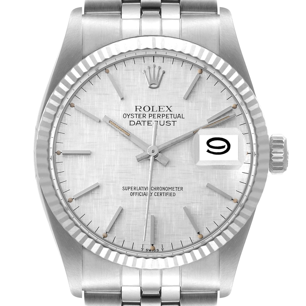 Rolex Datejust Steel White Gold Silver Linen Dial Vintage Watch 16014
