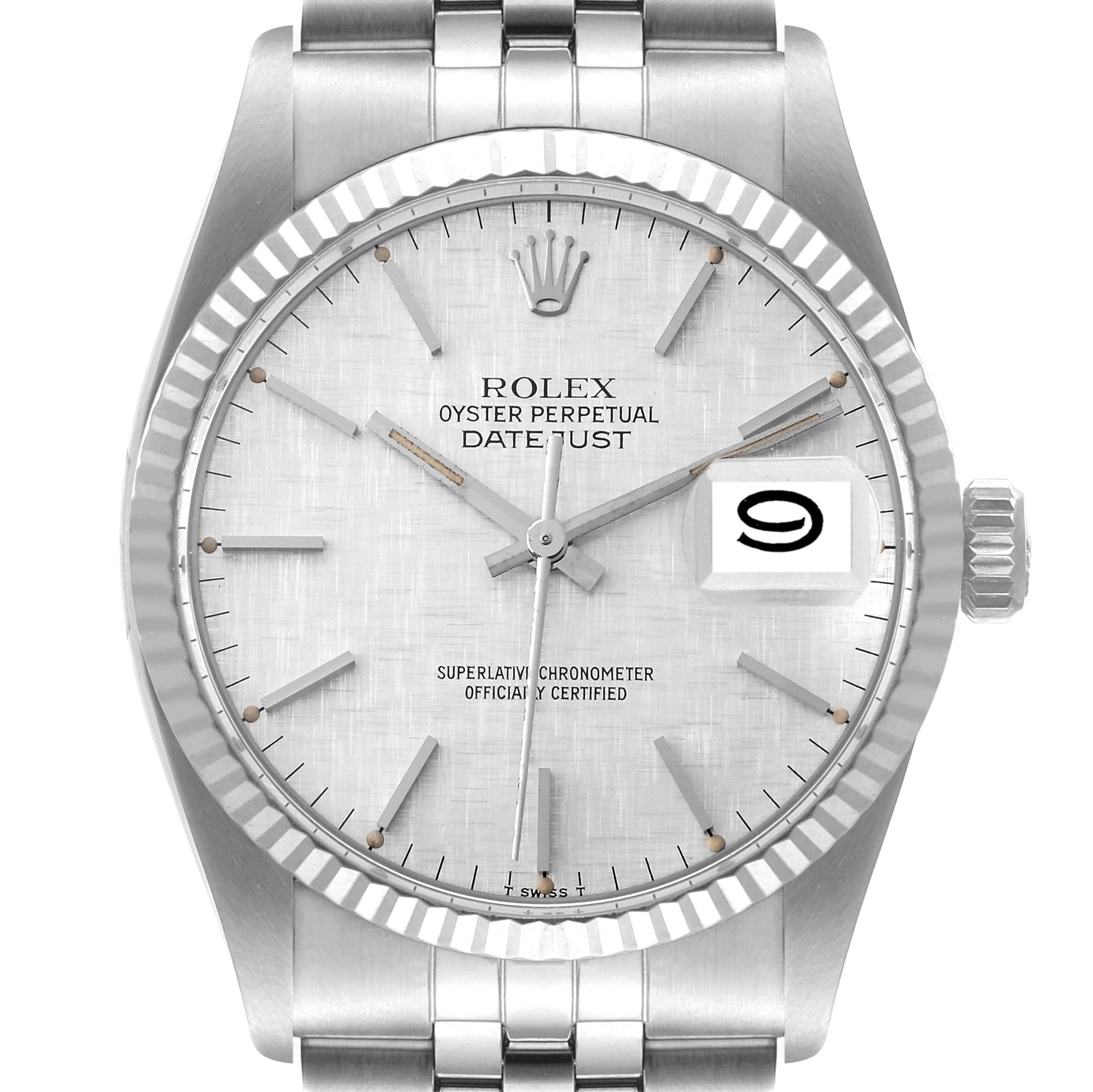 Rolex Datejust Steel White Gold Silver Linen Dial Vintage Watch 16014