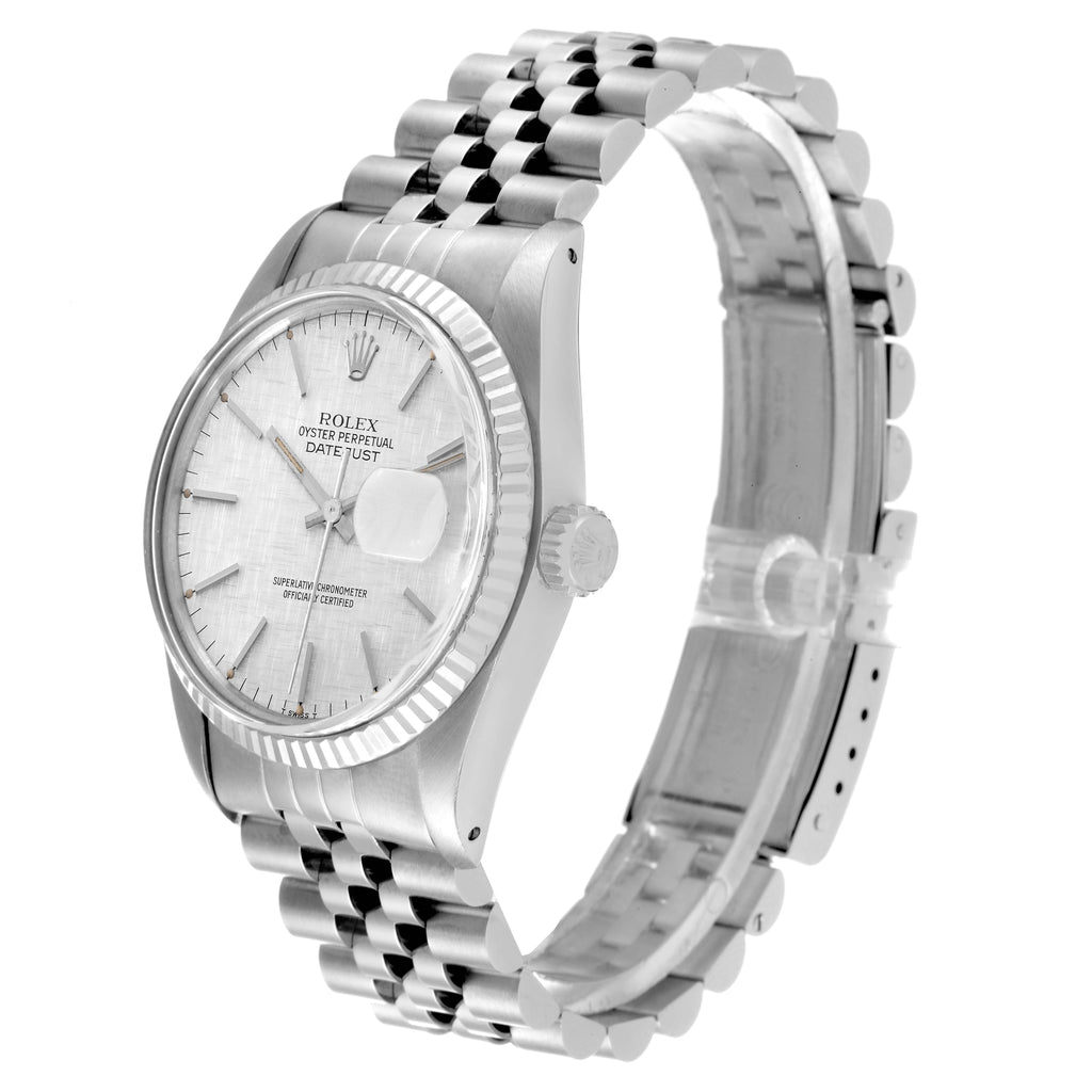 Rolex Datejust Steel White Gold Silver Linen Dial Vintage Watch 16014
