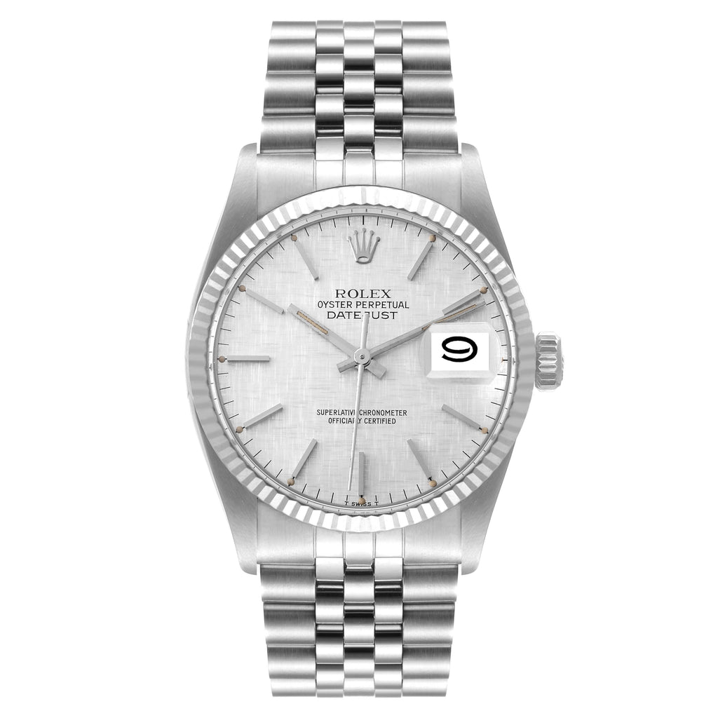 Rolex Datejust Steel White Gold Silver Linen Dial Vintage Watch 16014