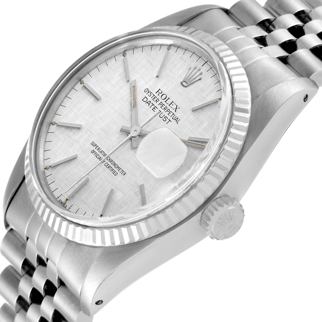 Rolex Datejust Steel White Gold Silver Linen Dial Vintage Watch 16014