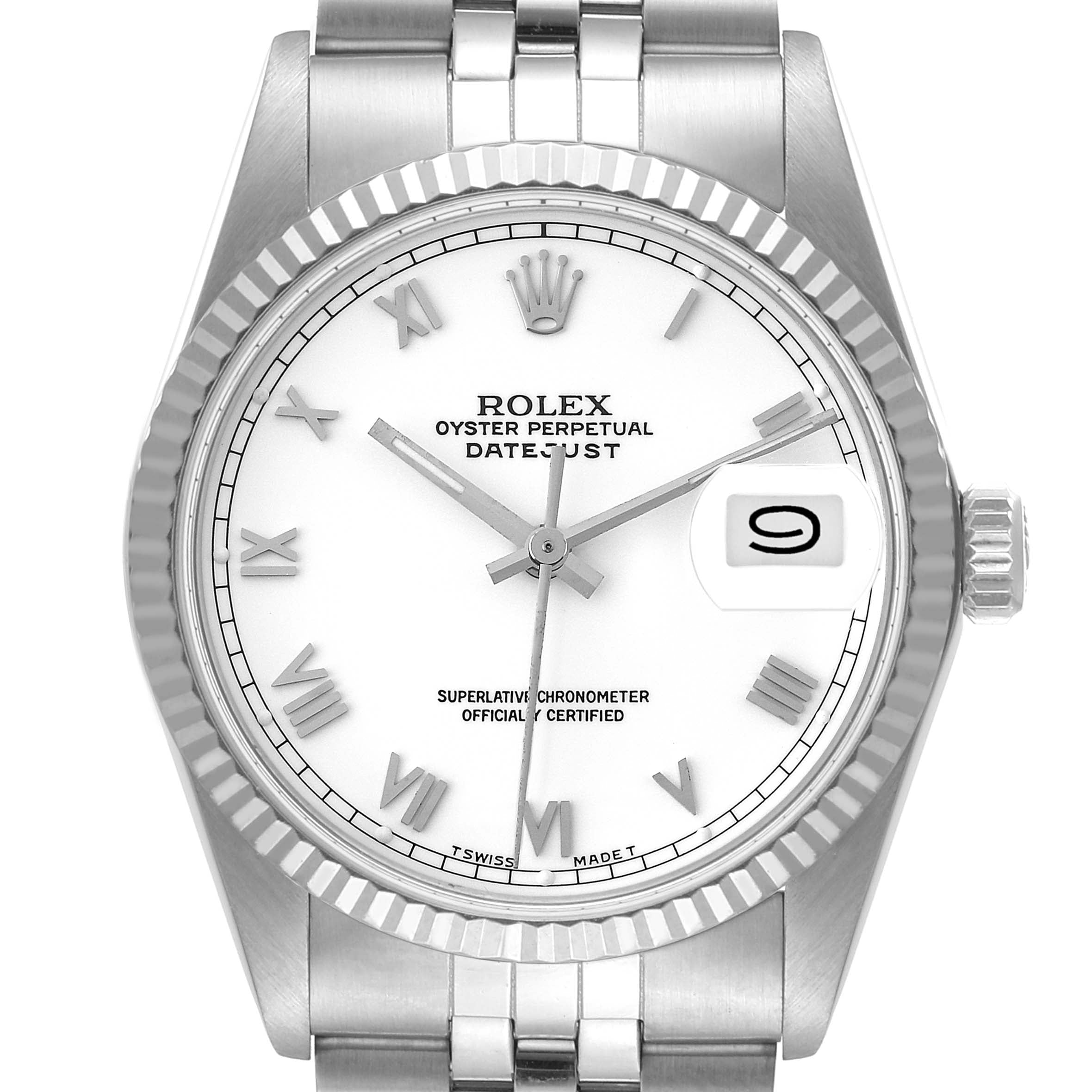 Rolex Datejust Steel White Gold White Dial Vintage Mens Watch 16014 Box Papers