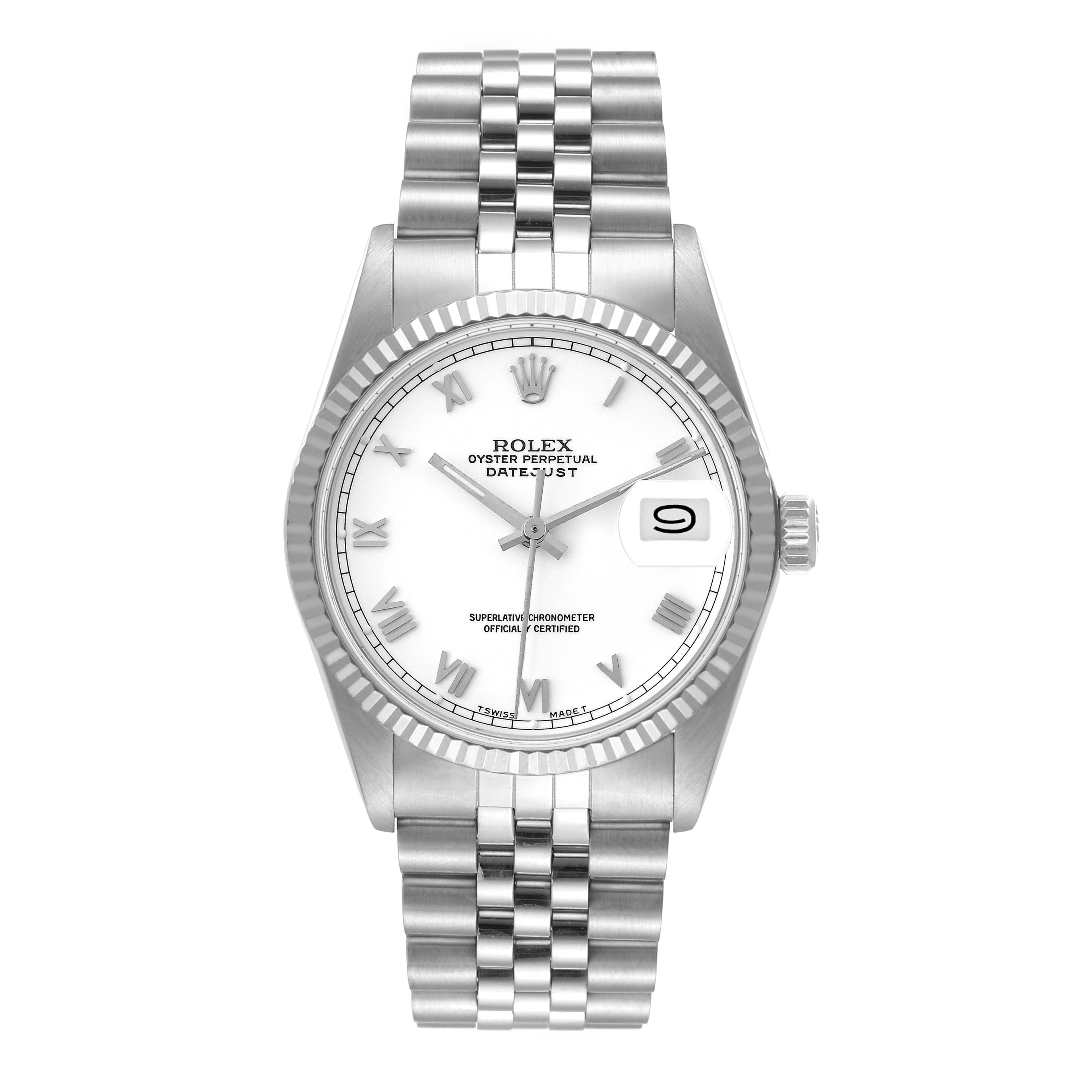 Rolex Datejust Steel White Gold White Dial Vintage Mens Watch 16014 Box Papers