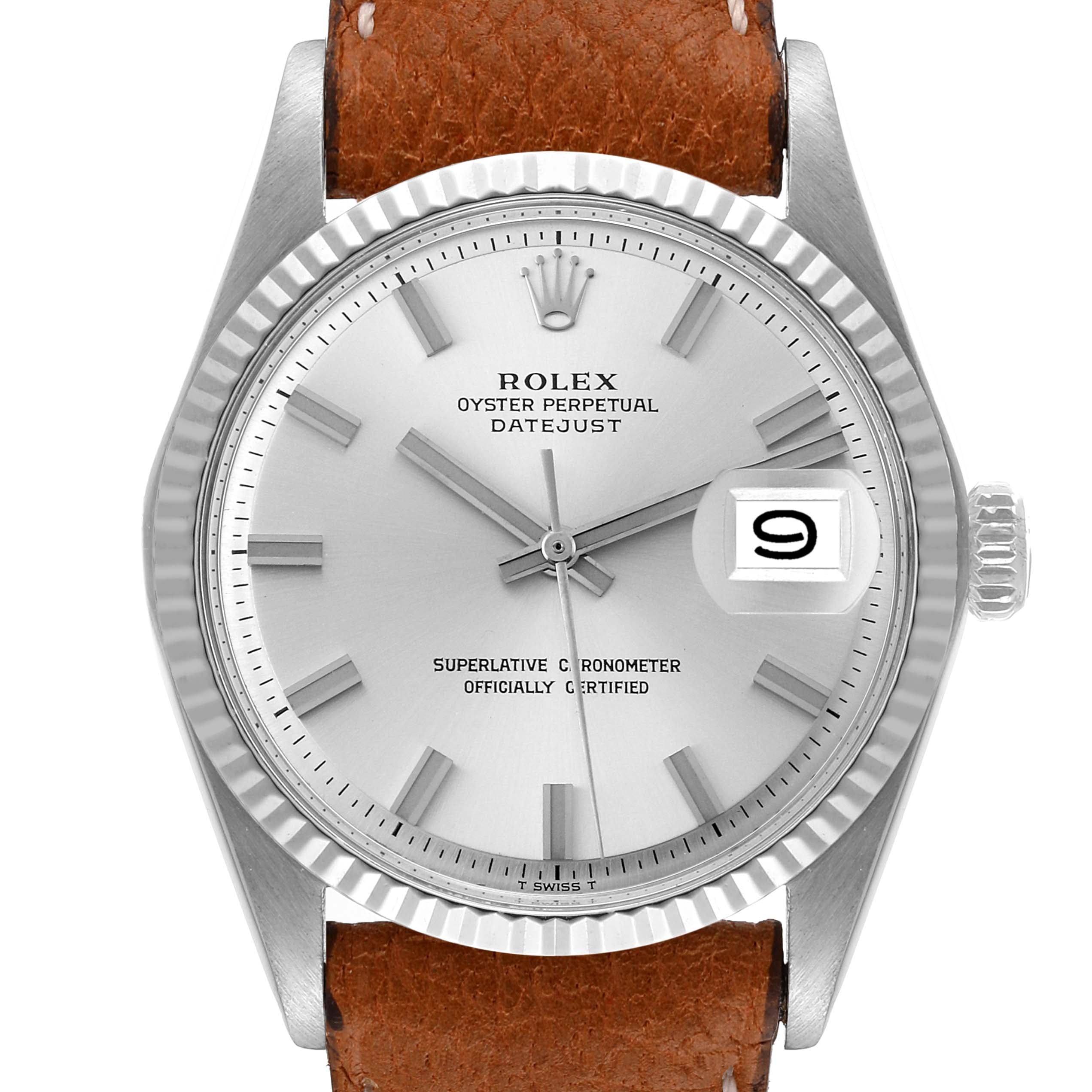 Rolex Datejust Steel White Gold Wide Boy Silver Dial Vintage Mens Watch 1601