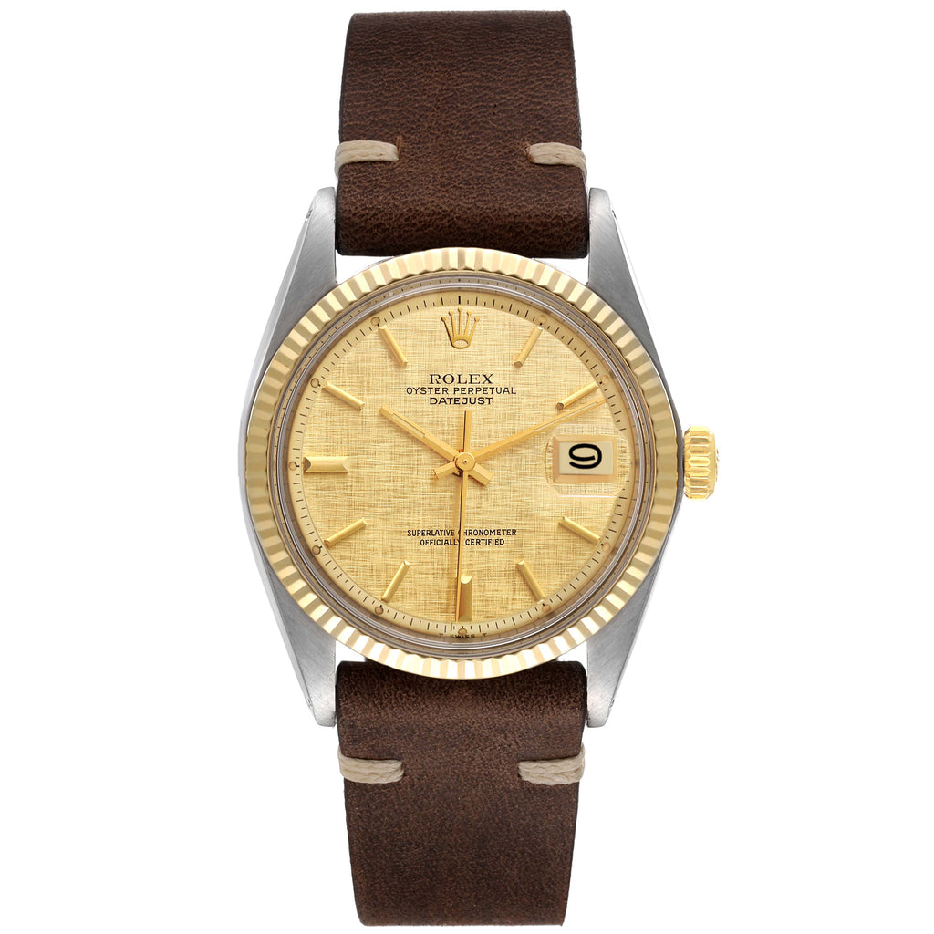 Rolex Datejust Steel Yellow Gold Champagne Linen Dial Vintage Mens Watch 1601