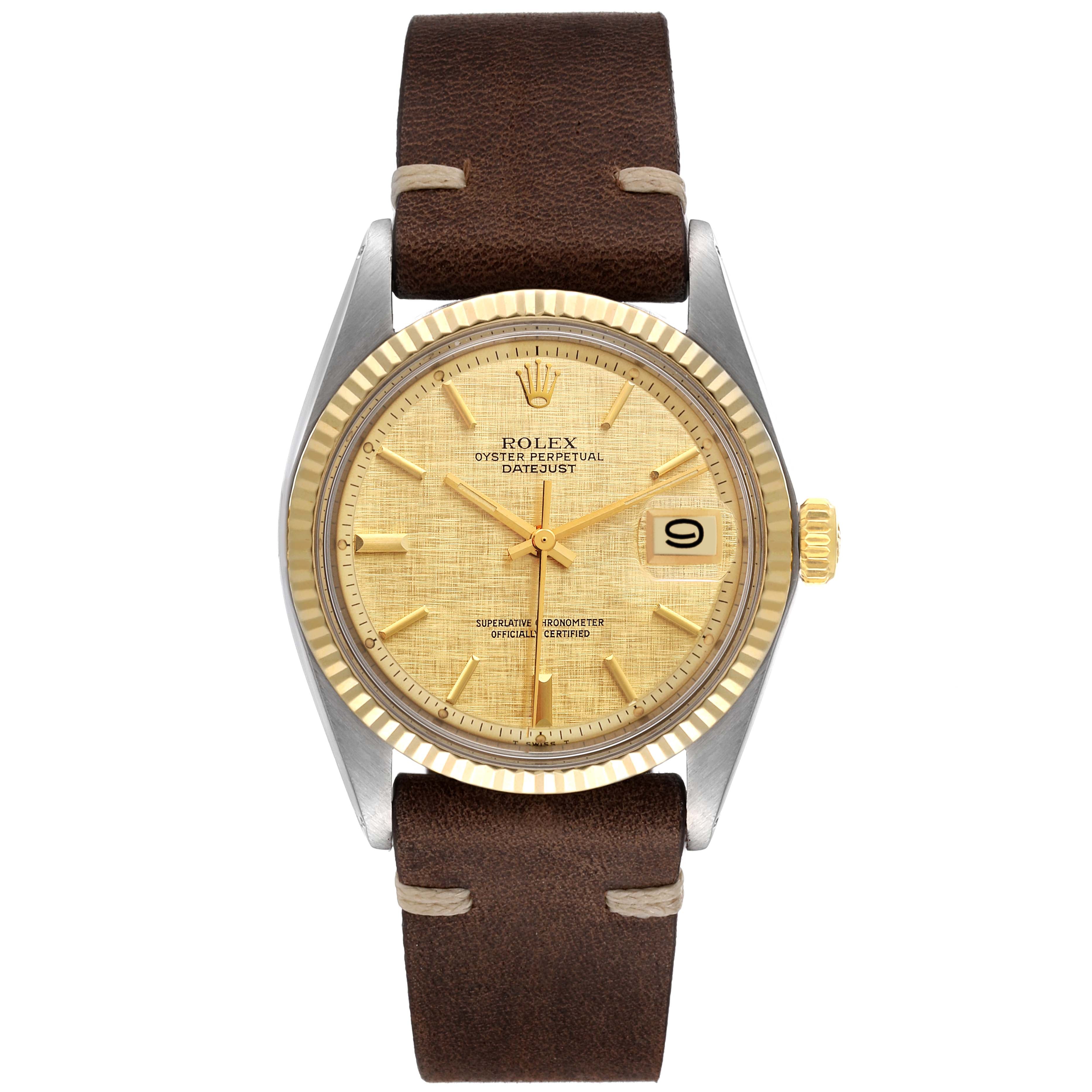 Rolex Datejust Steel Yellow Gold Champagne Linen Dial Vintage Mens Watch 1601