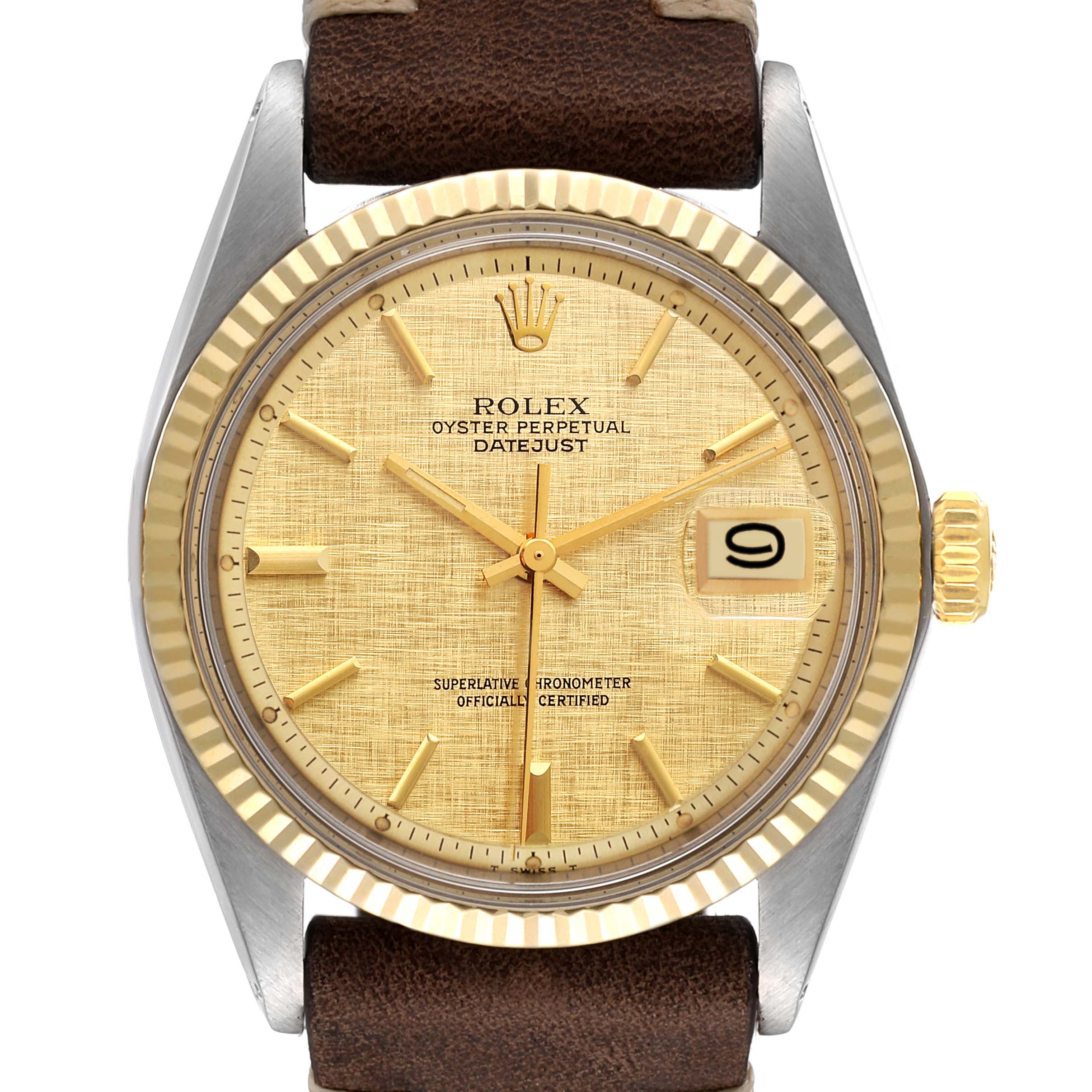 Rolex Datejust Steel Yellow Gold Champagne Linen Dial Vintage Mens Watch 1601