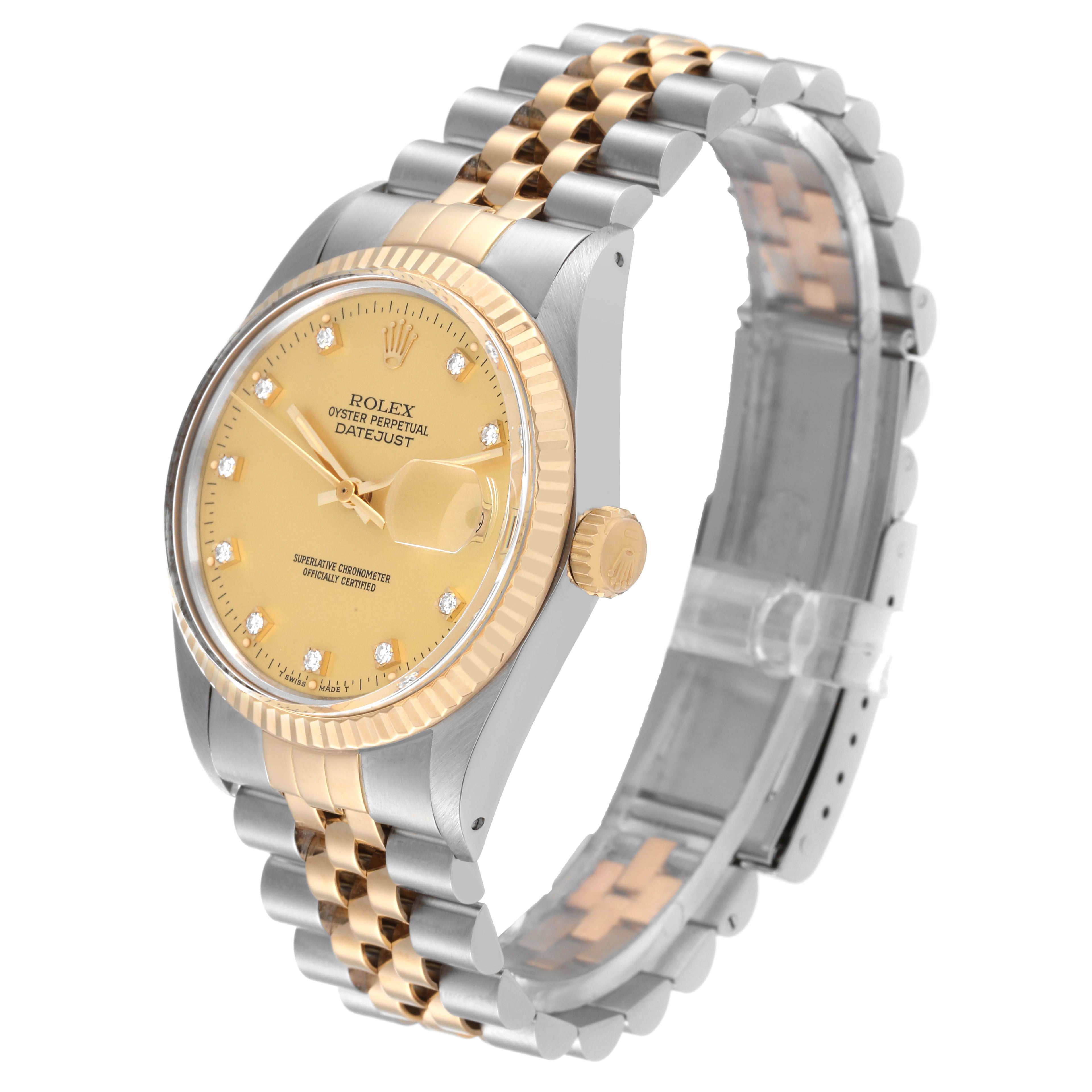 Rolex Datejust Steel Yellow Gold Diamond Dial Vintage Mens Watch 16013 Box Paper