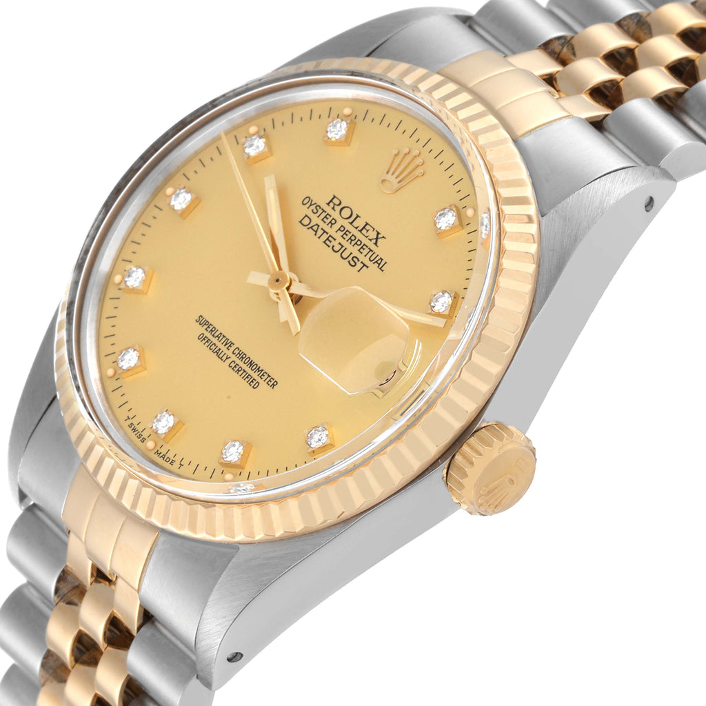 Rolex Datejust Steel Yellow Gold Diamond Dial Vintage Mens Watch 16013 Box Paper