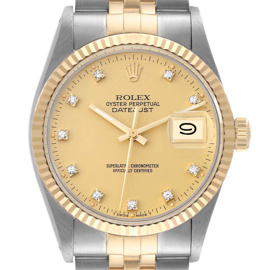 Rolex Datejust Steel Yellow Gold Diamond Dial Vintage Mens Watch 16013 Box Paper