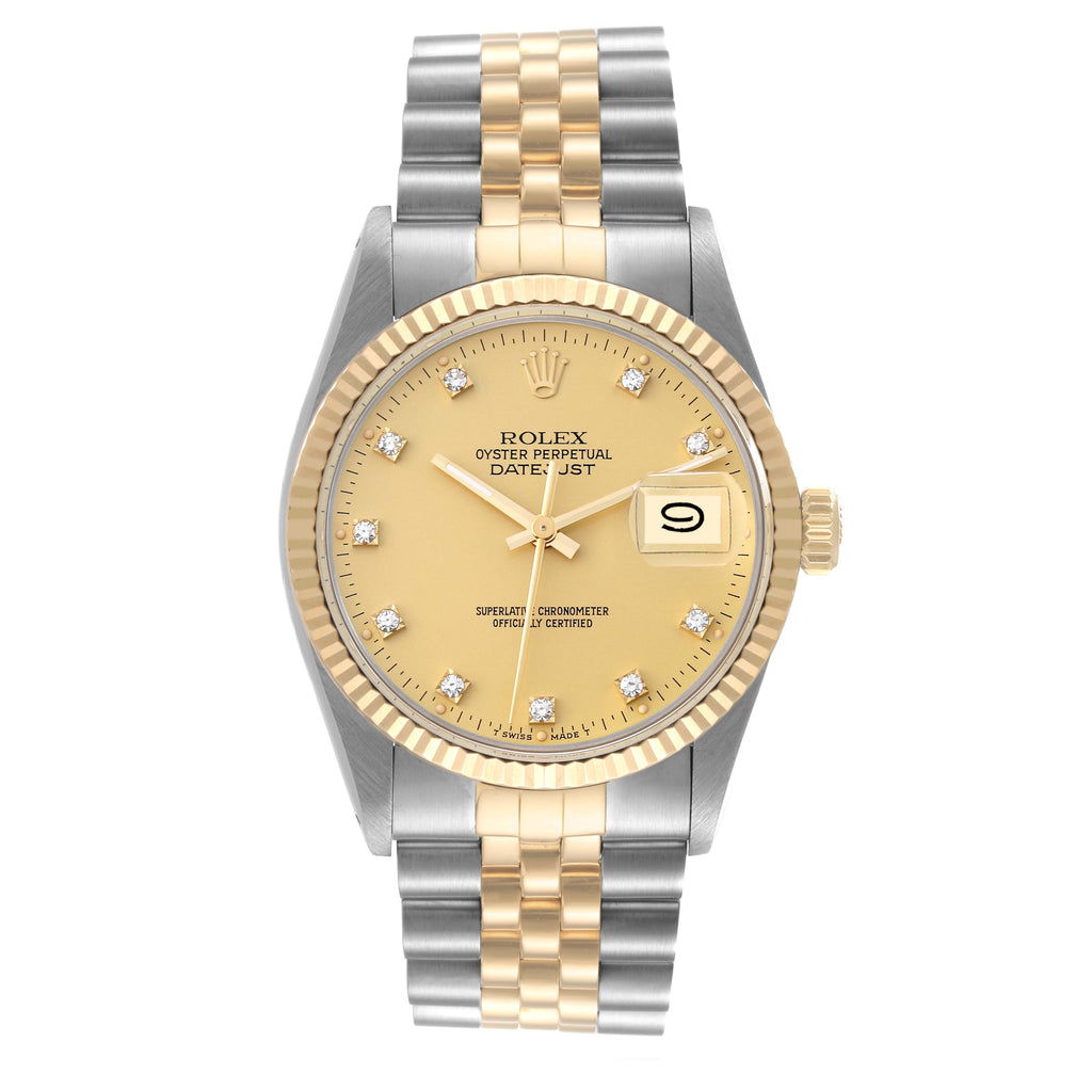 Rolex Datejust Steel Yellow Gold Diamond Dial Vintage Mens Watch 16013 Box Paper