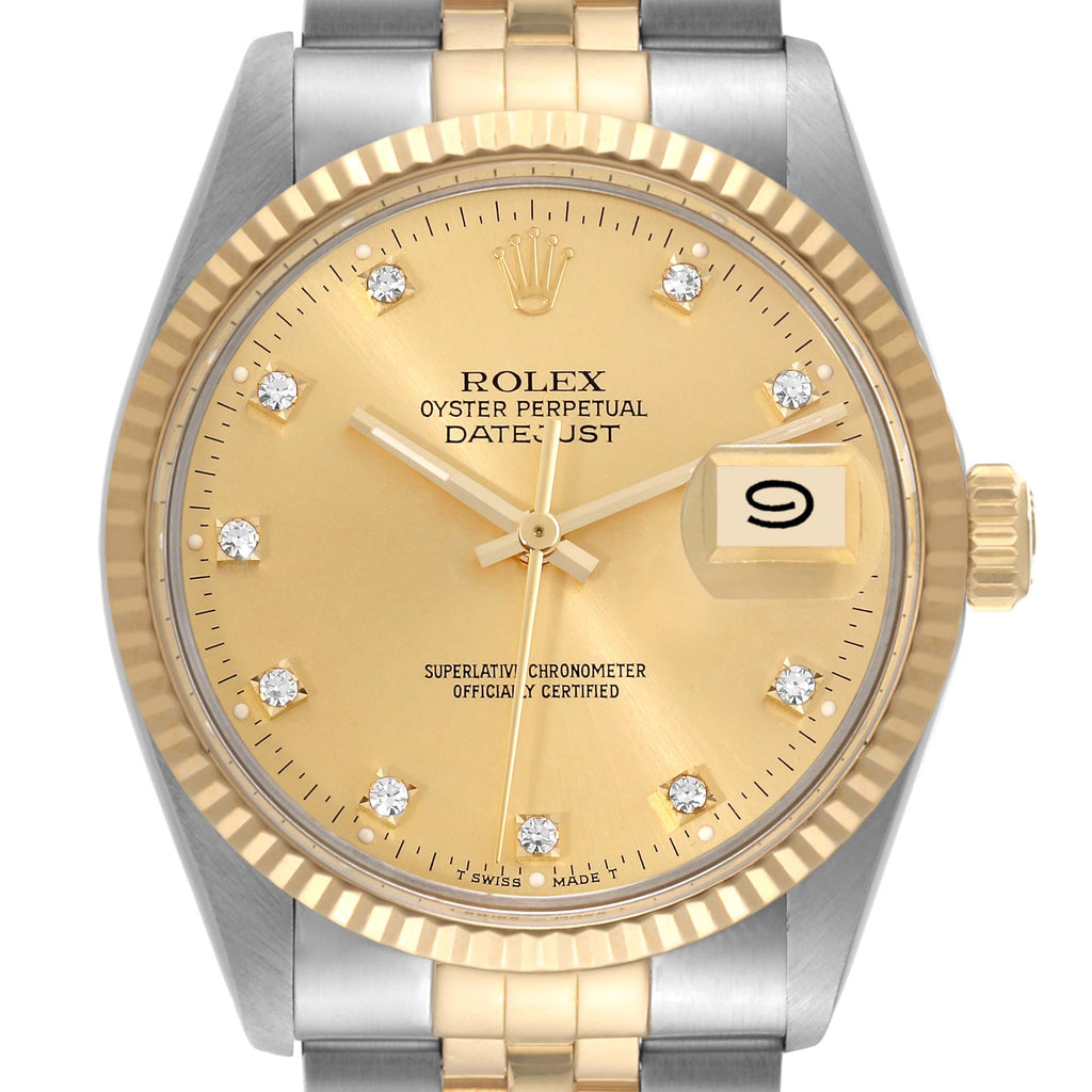 Rolex Datejust Steel Yellow Gold Diamond Vintage Mens Watch 16013 Box Papers