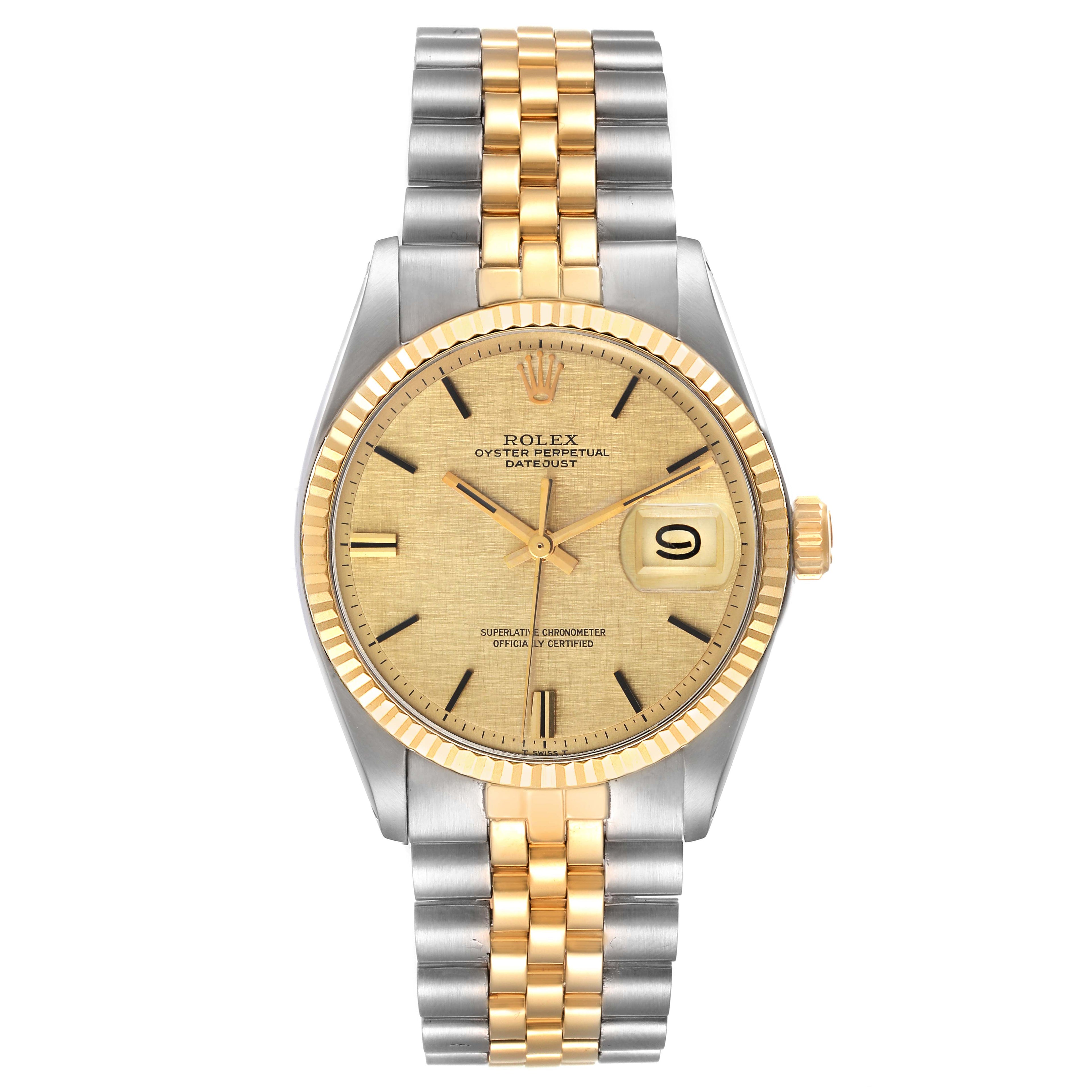 Rolex Datejust Steel Yellow Gold Linen Dial Vintage Mens Watch 1601