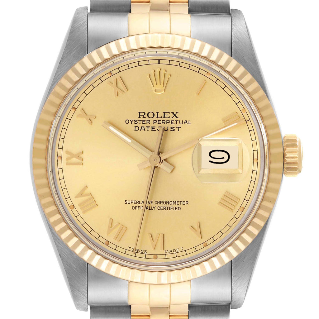 Rolex Datejust Steel Yellow Gold Roman Dial Vintage Mens Watch 16013