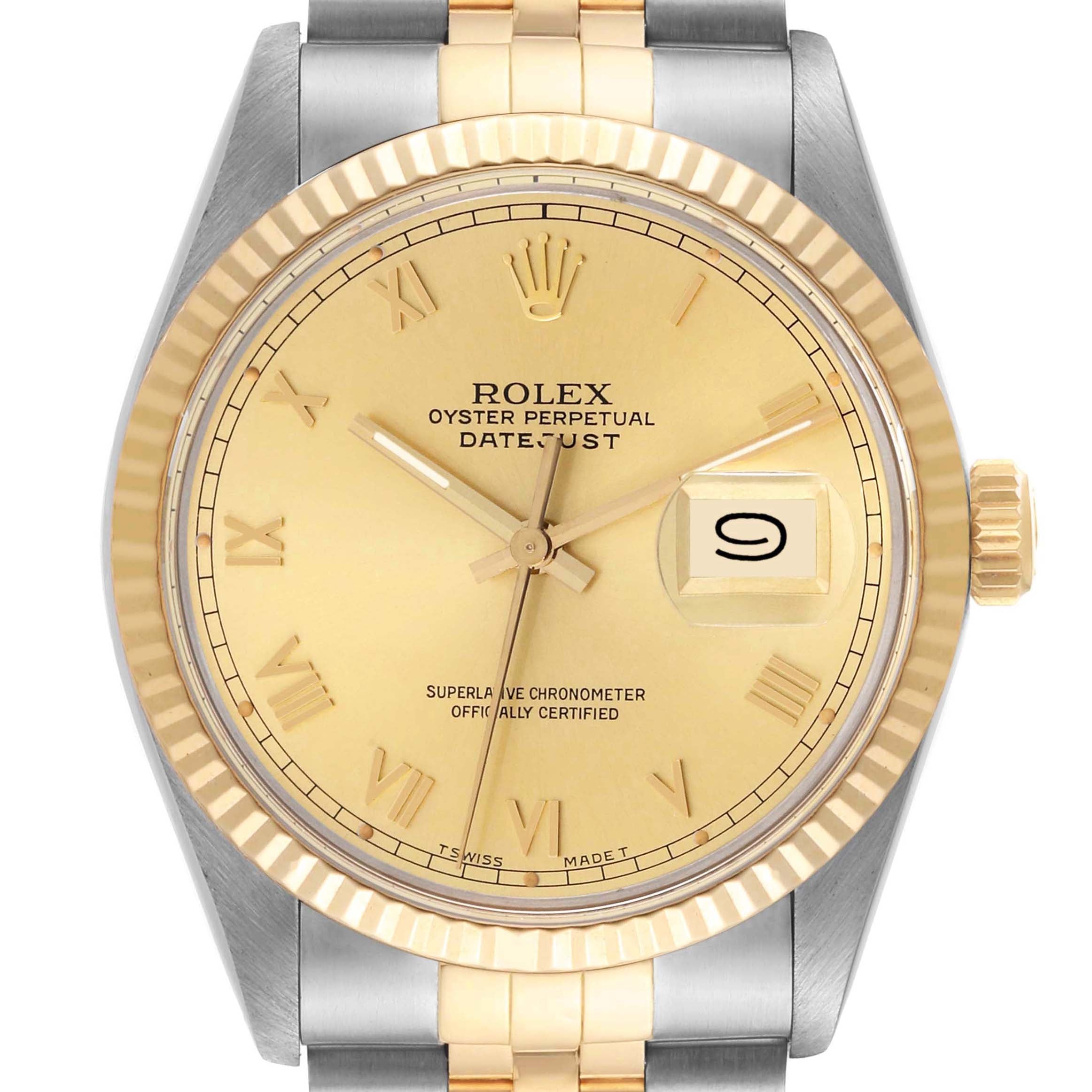 Rolex Datejust Steel Yellow Gold Roman Dial Vintage Mens Watch 16013