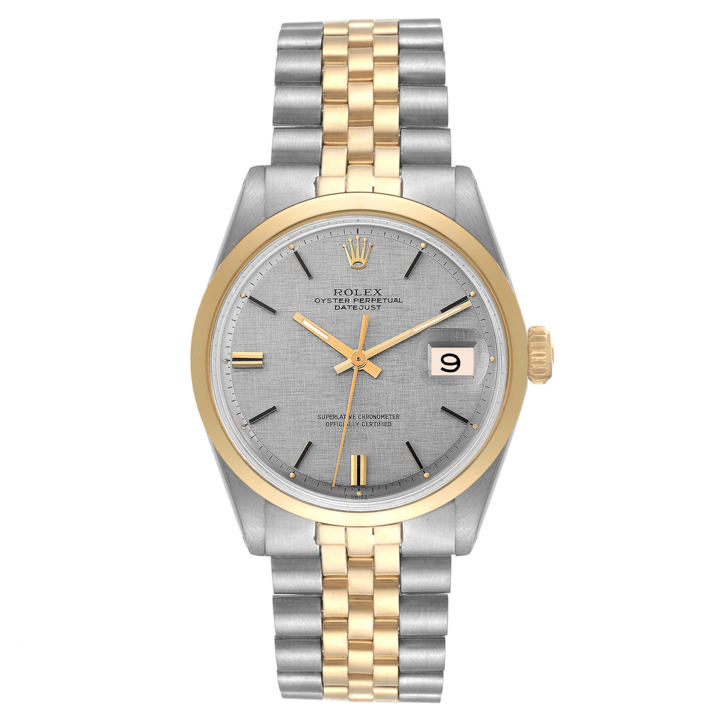 Rolex Datejust Steel Yellow Gold Silver Linen Dial Vintage Mens Watch 1600