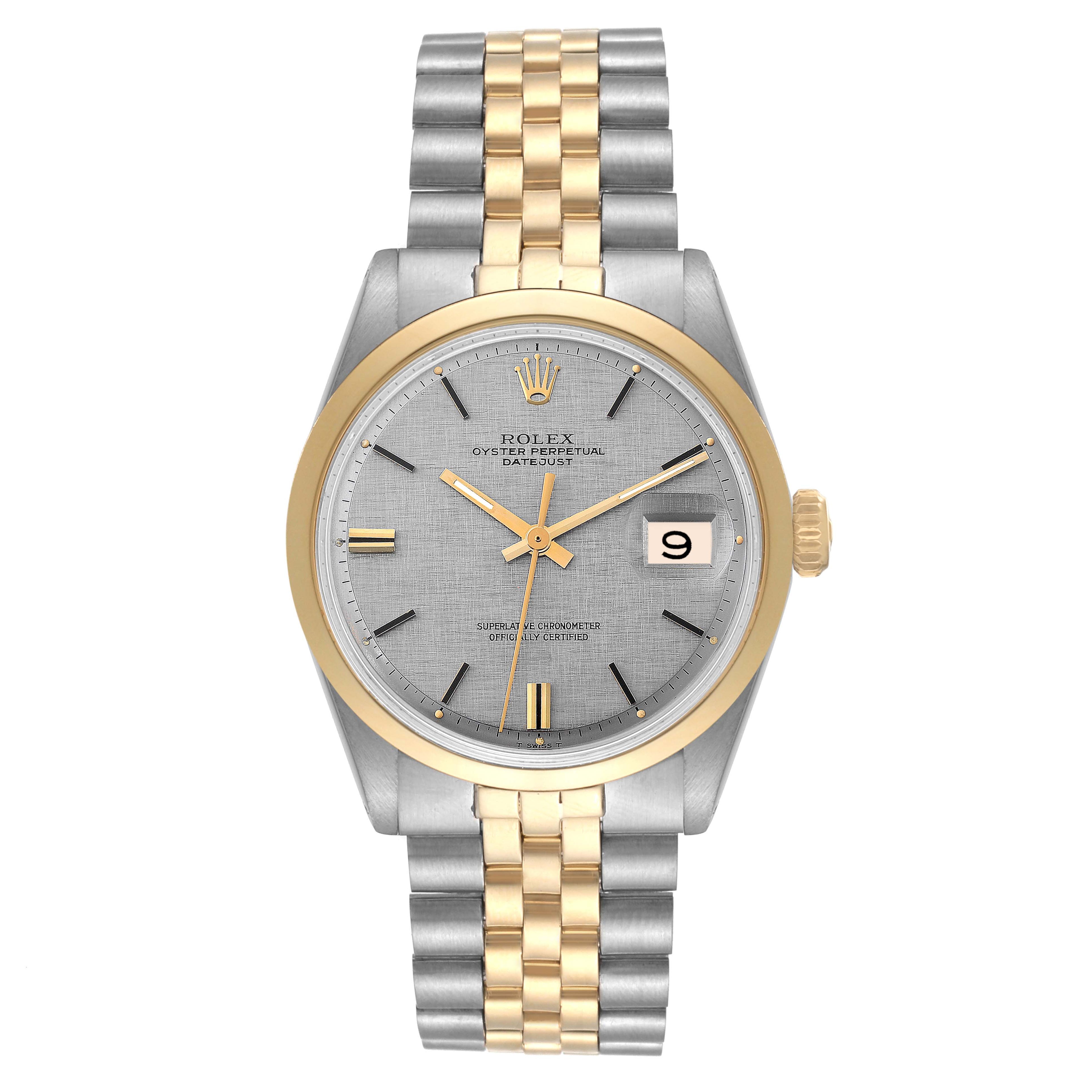 Rolex Datejust Steel Yellow Gold Silver Linen Dial Vintage Mens Watch 1600