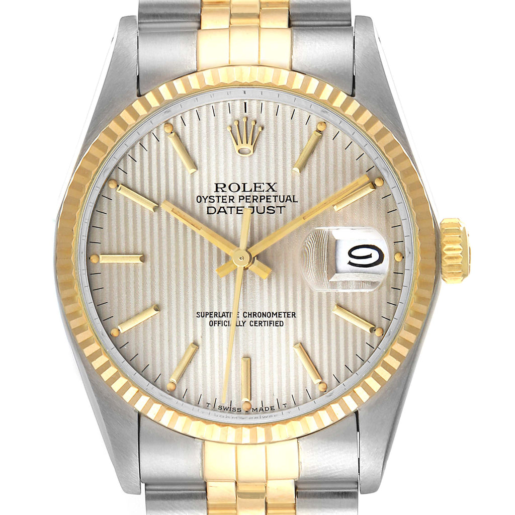 Rolex Datejust Steel Yellow Gold Tapestry Dial Vintage Watch 16013 Box Papers