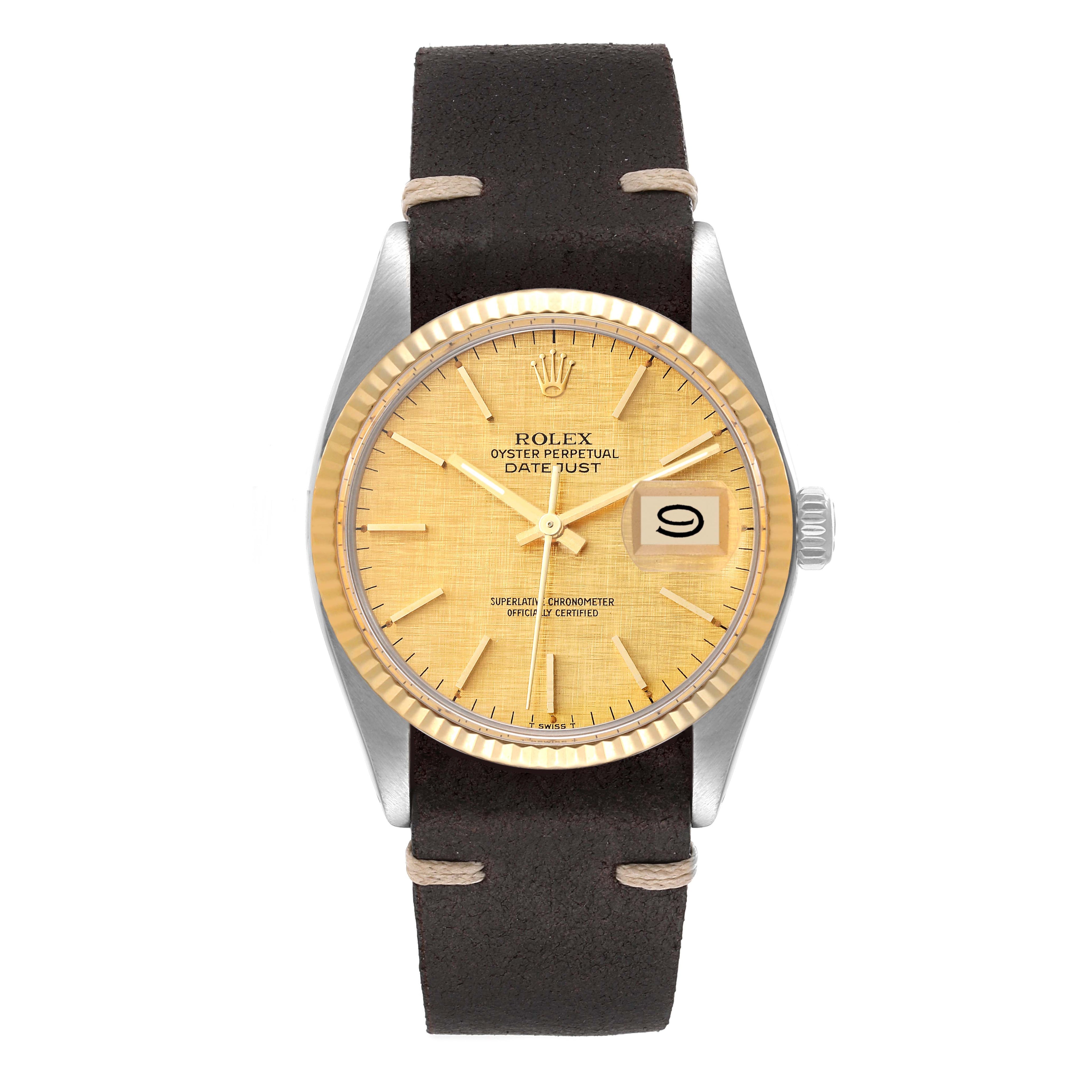 Rolex Datejust Steel Yellow Gold Vintage Linen Dial Mens Watch 16013 Box Papers