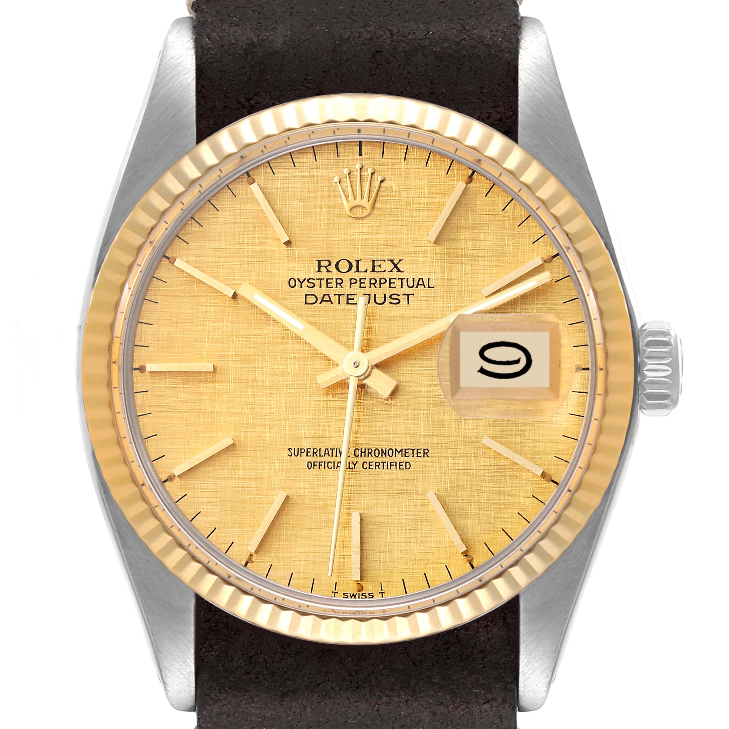 Rolex Datejust Steel Yellow Gold Vintage Linen Dial Mens Watch 16013 Box Papers