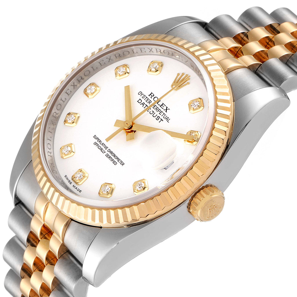 Rolex Datejust White Diamond Dial Steel Yellow Gold Mens Watch 116233